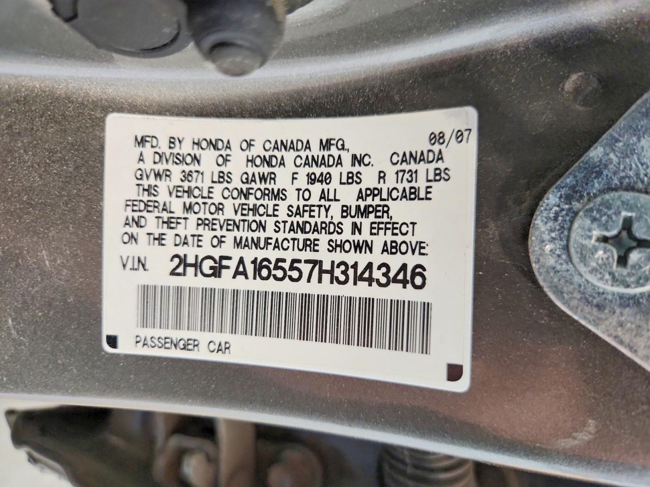 2007 Honda Civic Gray vin: 2HGFA16557H314346
