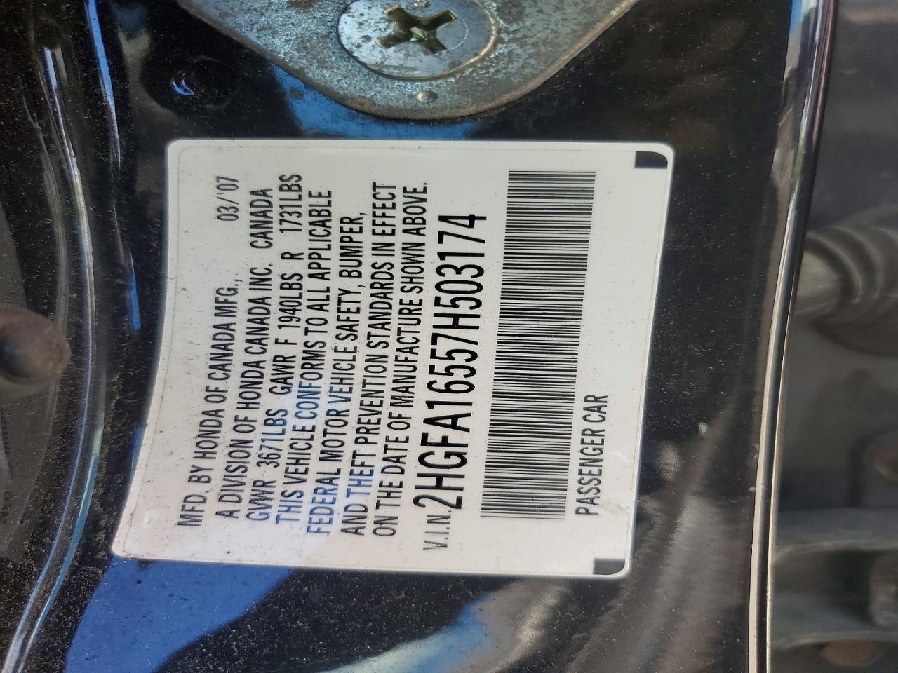 2007 Honda Civic Lx Черный vin: 2HGFA16557H503174