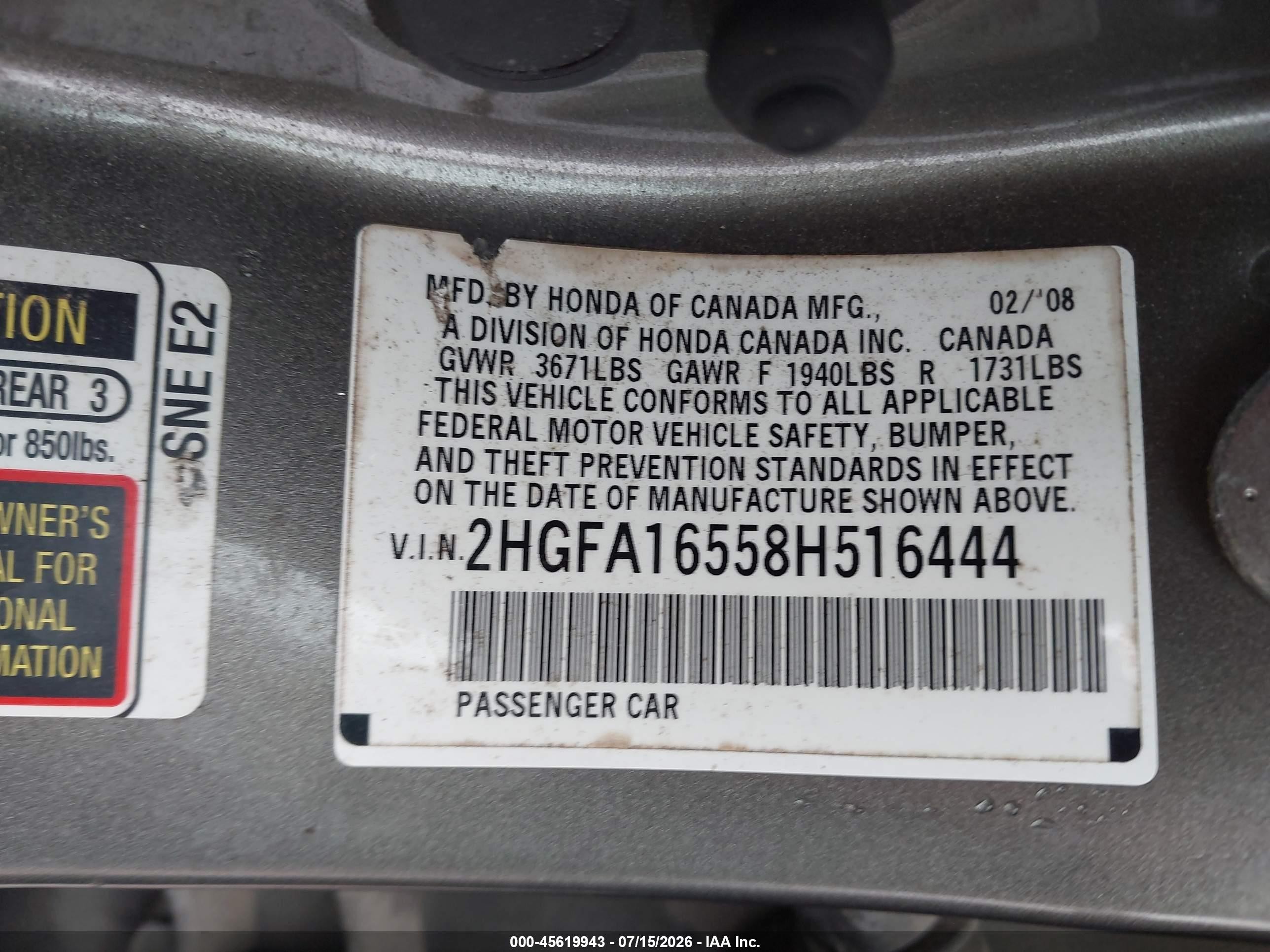 2008 Honda Civic Lx Beige vin: 2HGFA16558H516444