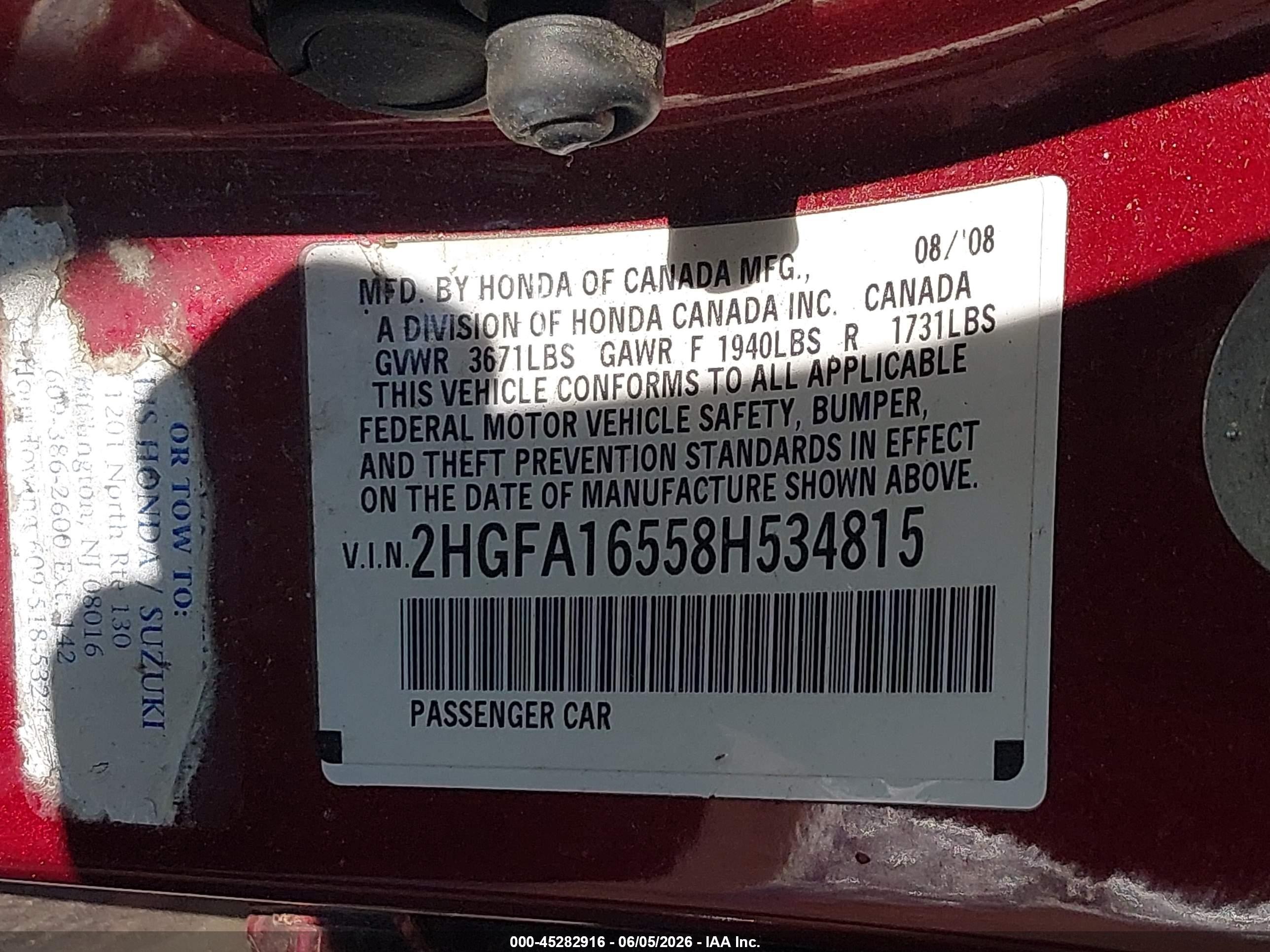 2008 Honda Civic Lx Red vin: 2HGFA16558H534815