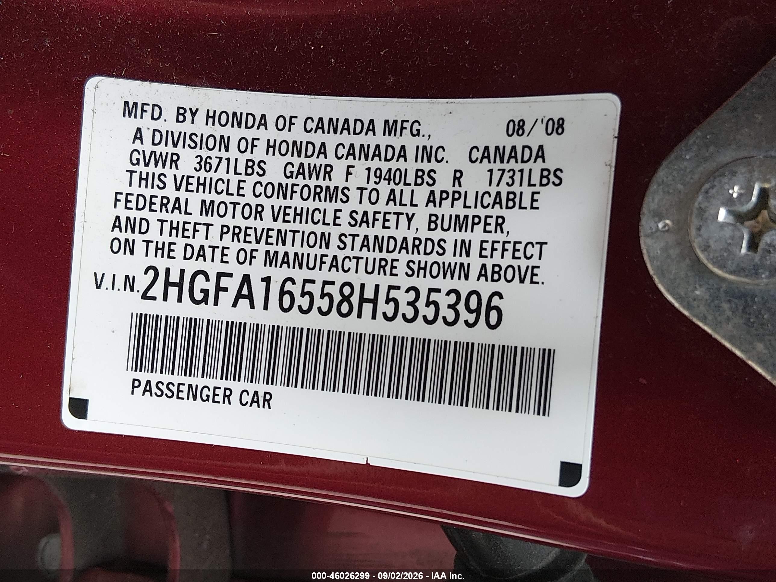 2008 Honda Civic Lx Burgundy vin: 2HGFA16558H535396