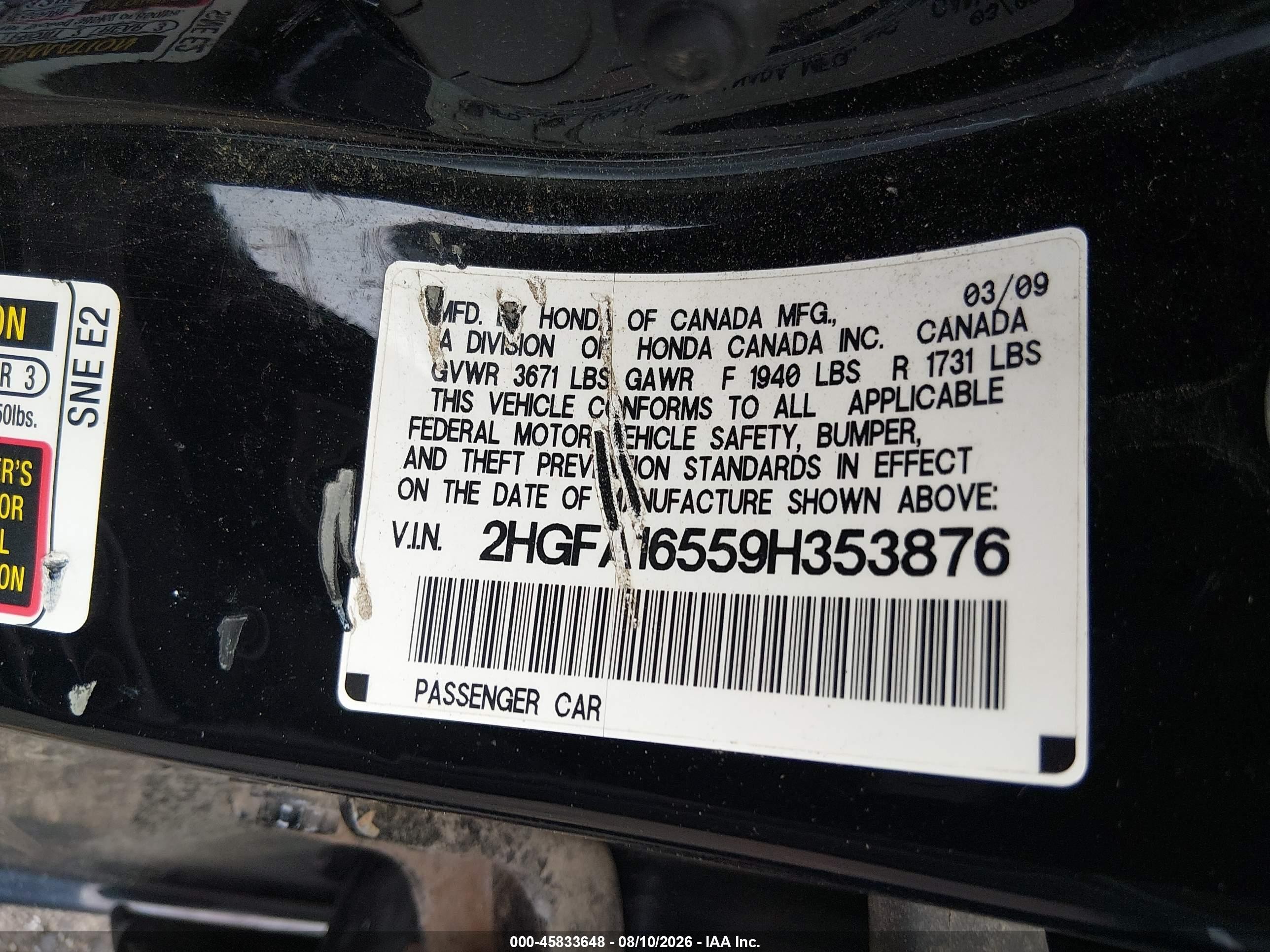 2009 Honda Civic Lx Black vin: 2HGFA16559H353876