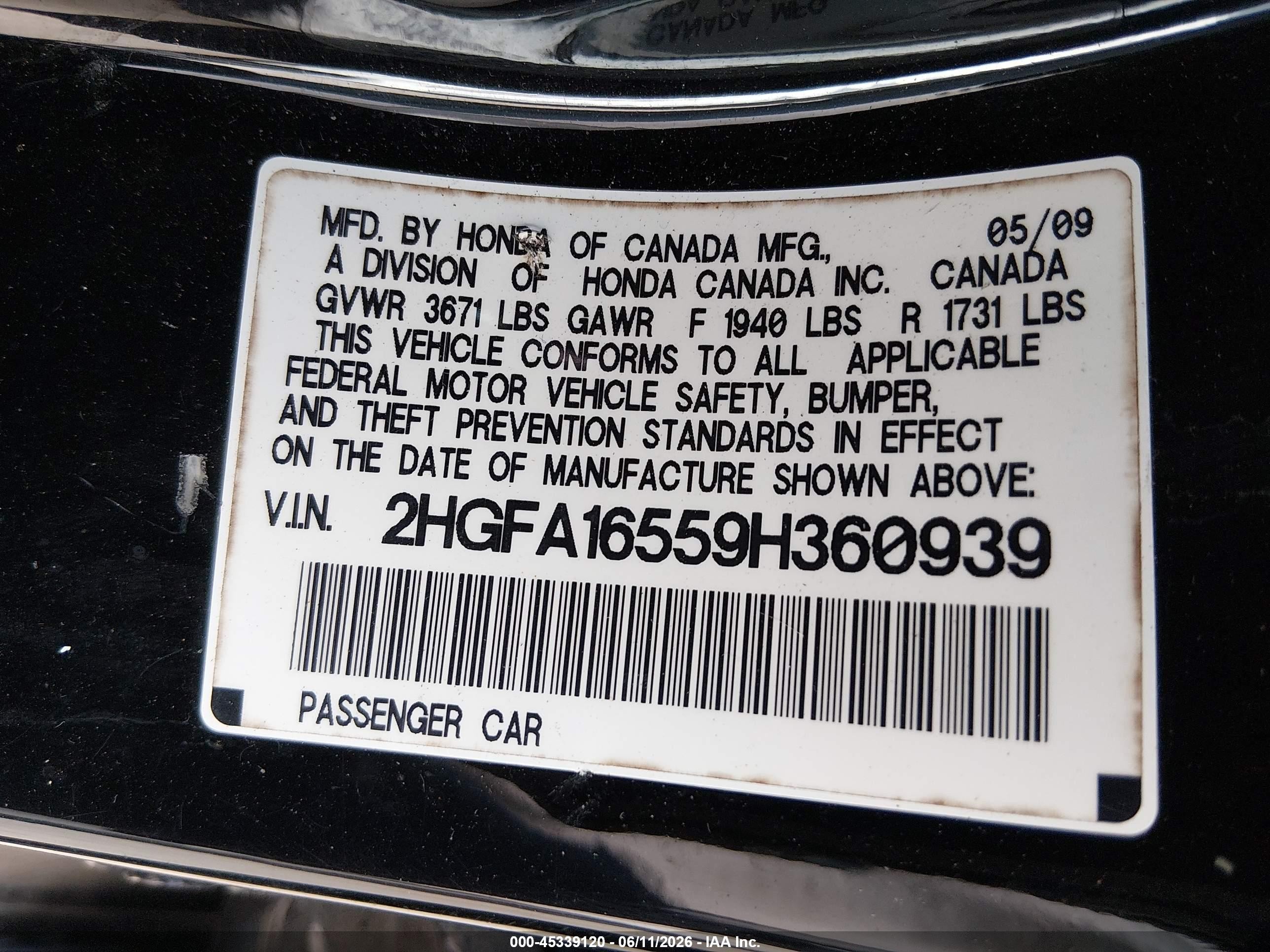 2009 Honda Civic Lx Черный vin: 2HGFA16559H360939