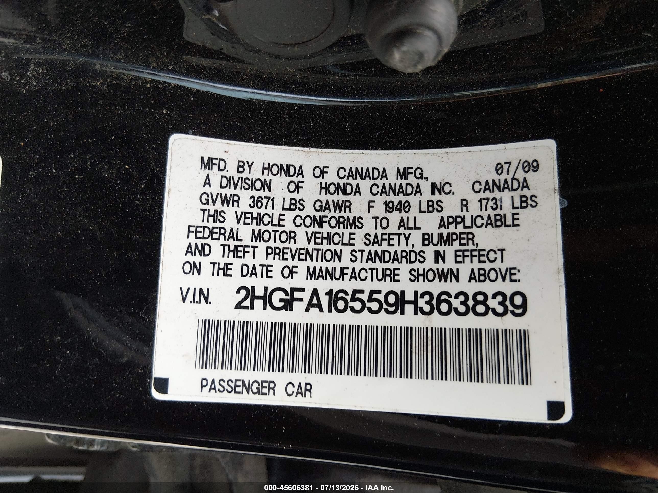 2009 Honda Civic Lx Black vin: 2HGFA16559H363839