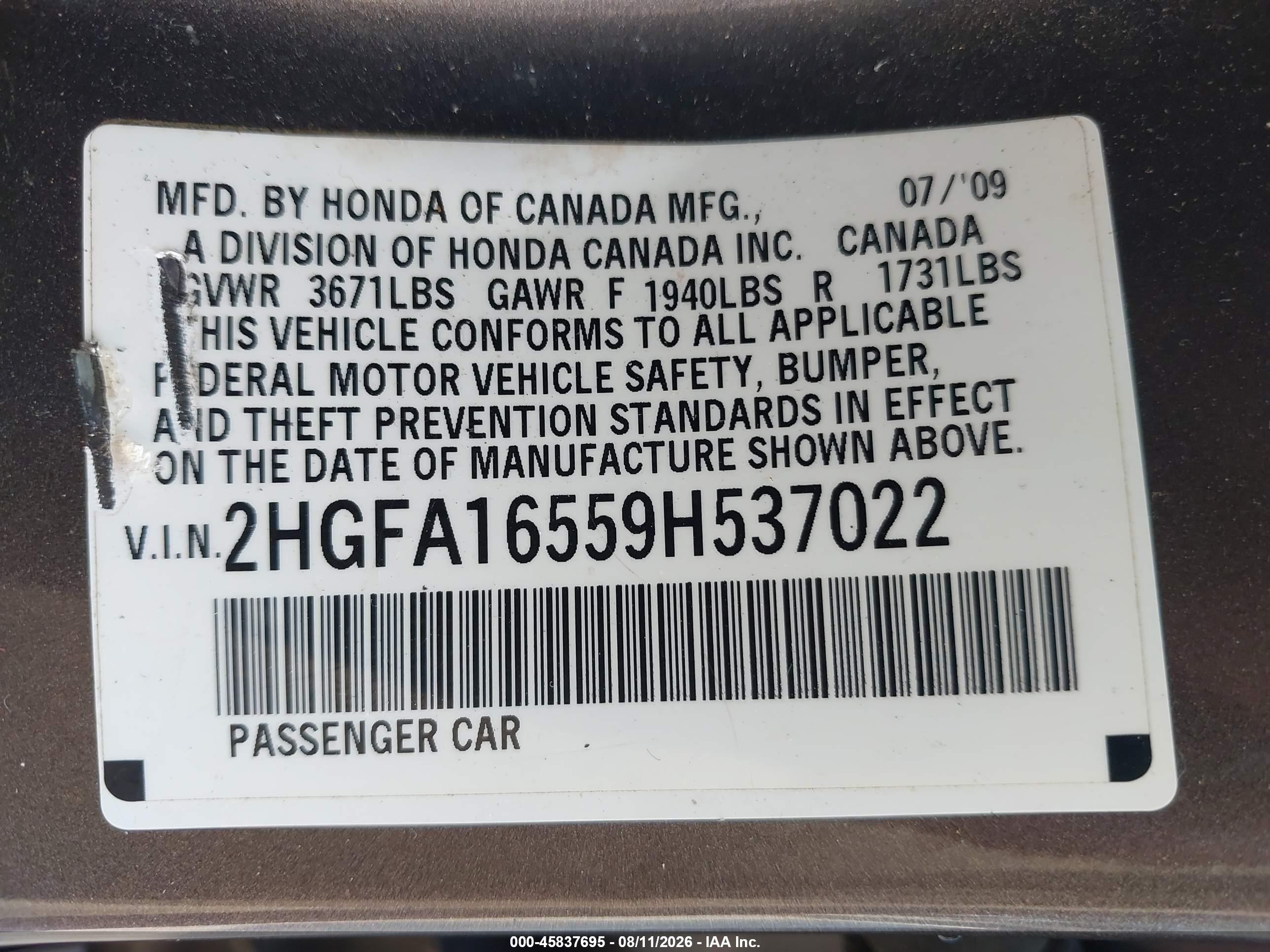 2009 Honda Civic Lx Коричневый vin: 2HGFA16559H537022