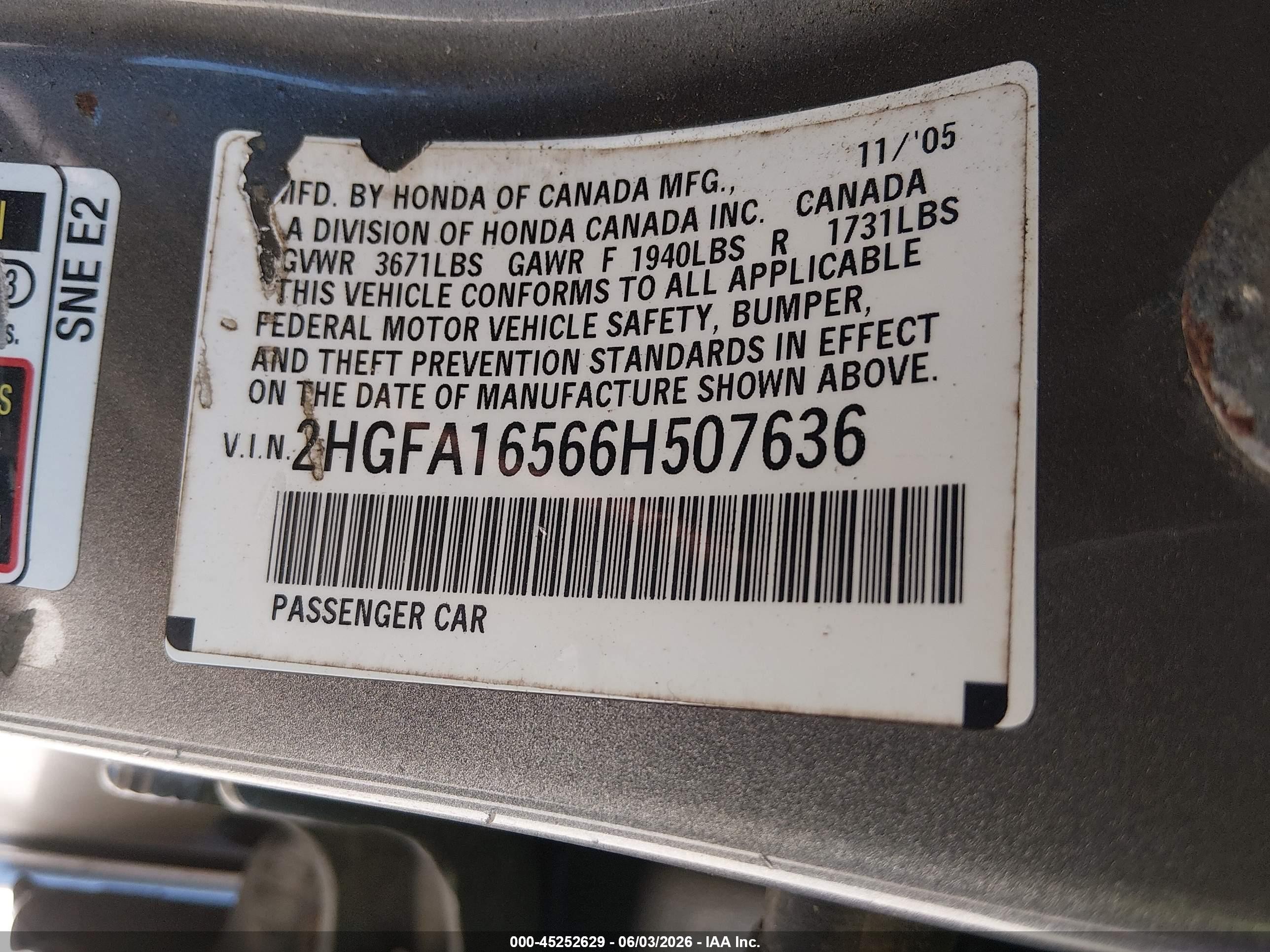 2006 Honda Civic Lx Gray vin: 2HGFA16566H507636