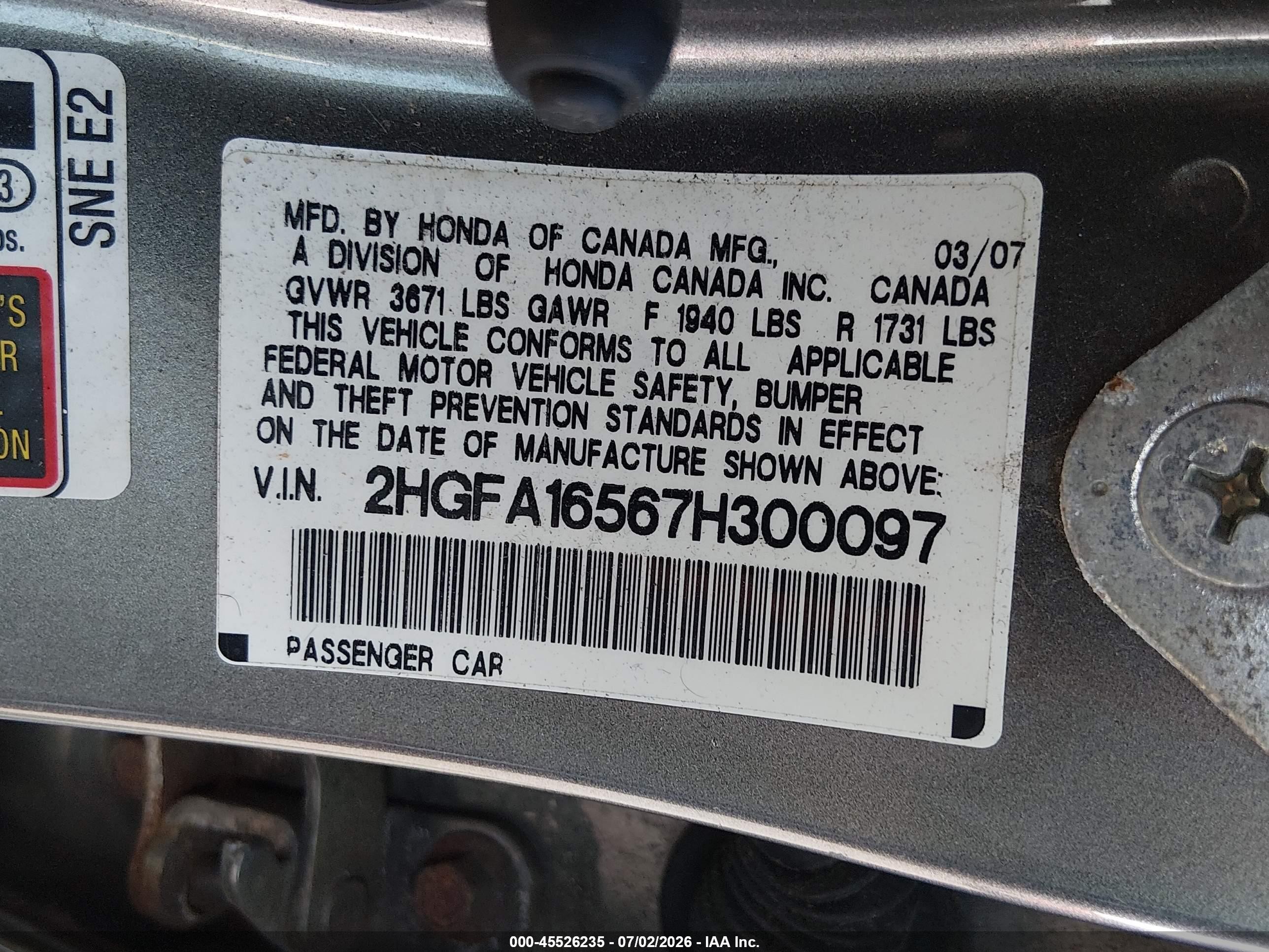 2007 Honda Civic Lx Gray vin: 2HGFA16567H300097