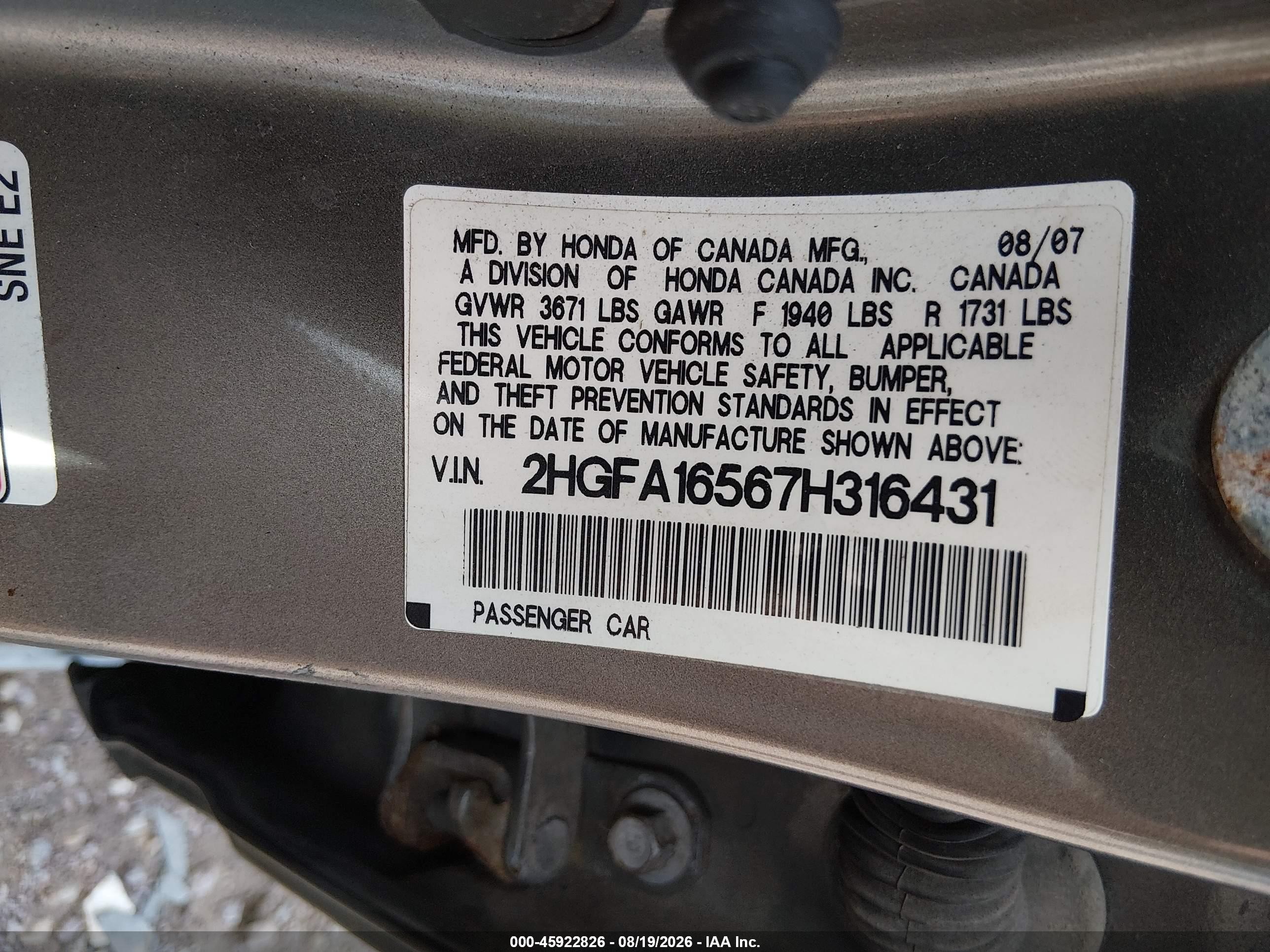 2007 Honda Civic Lx Gray vin: 2HGFA16567H316431