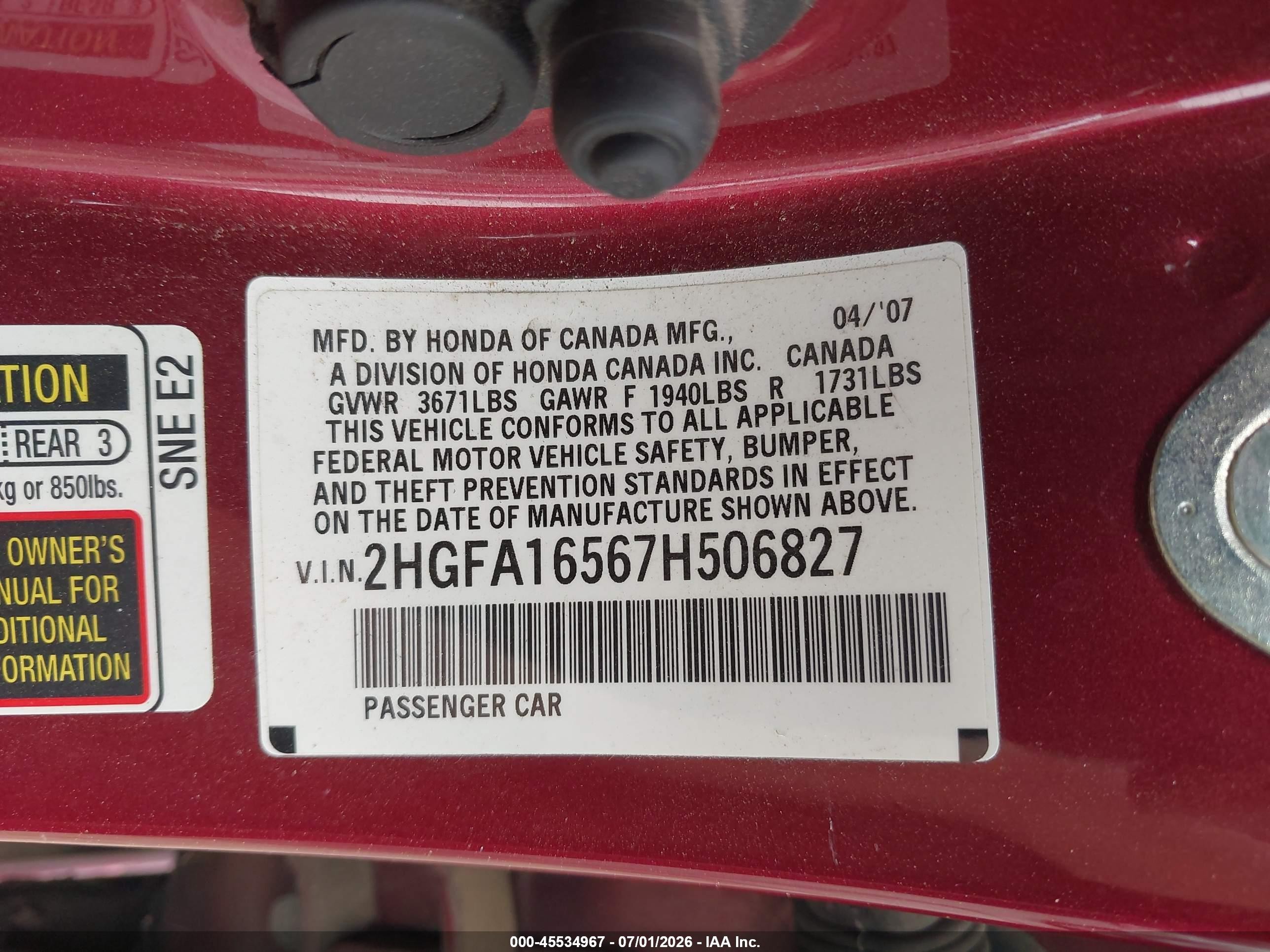 2007 Honda Civic Lx Красный vin: 2HGFA16567H506827