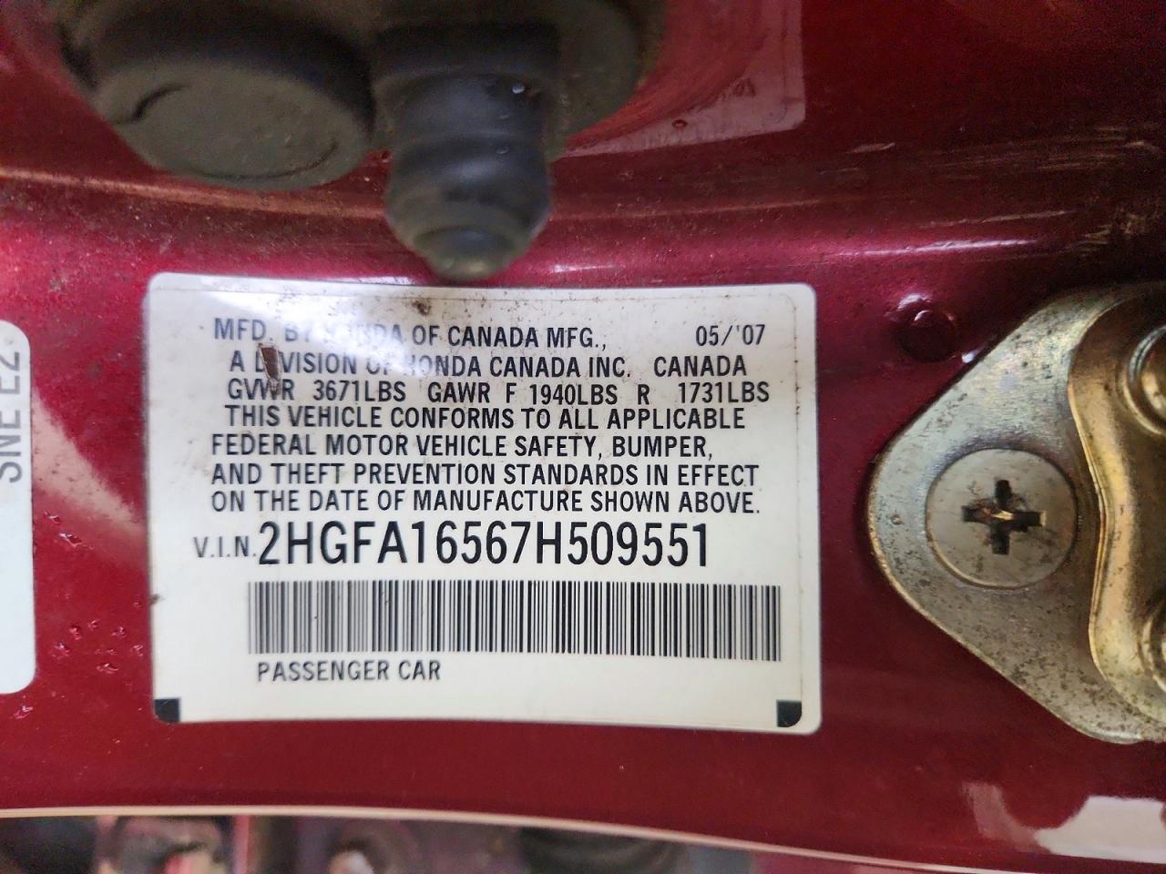 2007 Honda Civic Lx Red vin: 2HGFA16567H509551