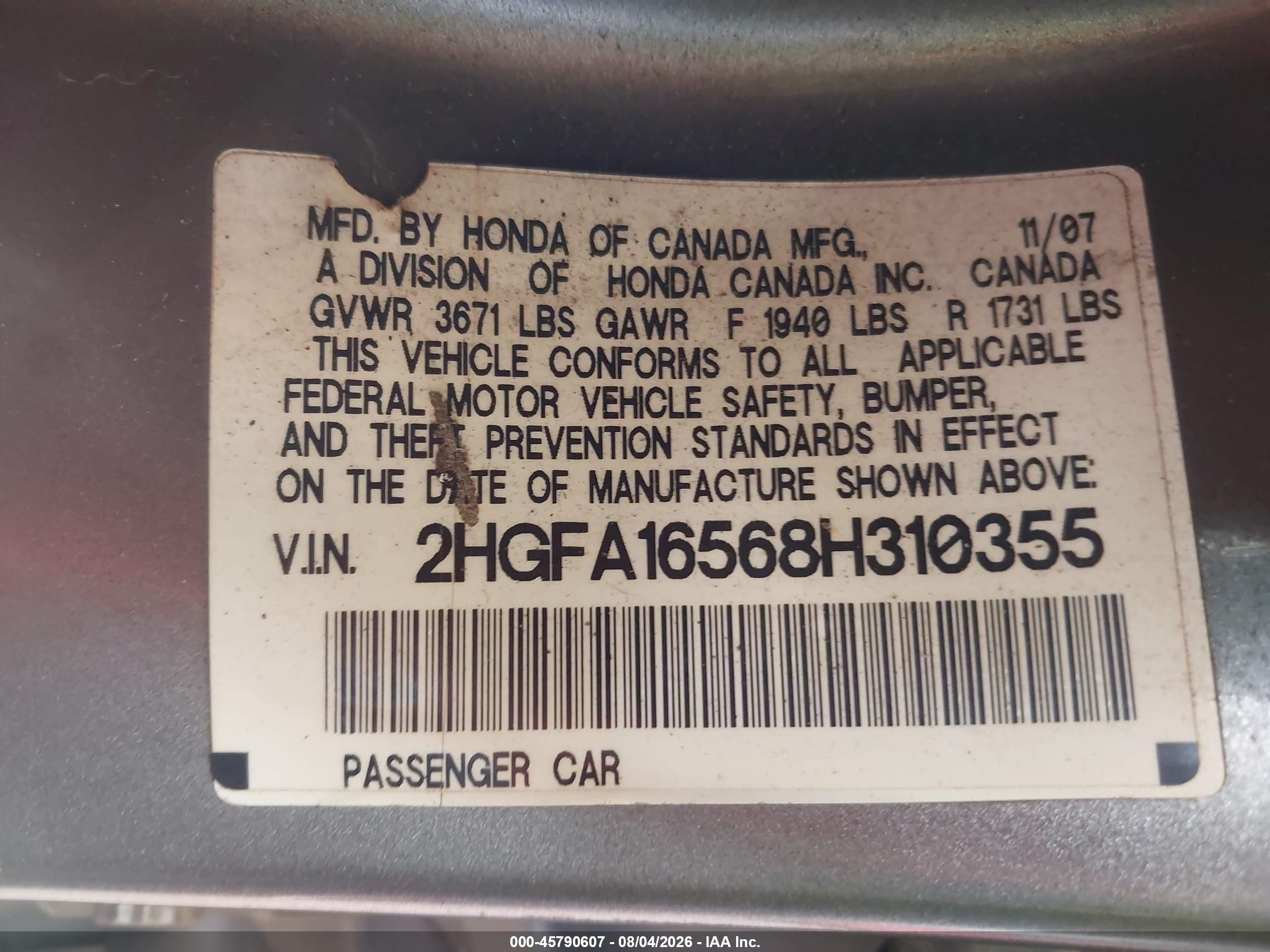 2008 Honda Civic Lx Brown vin: 2HGFA16568H310355