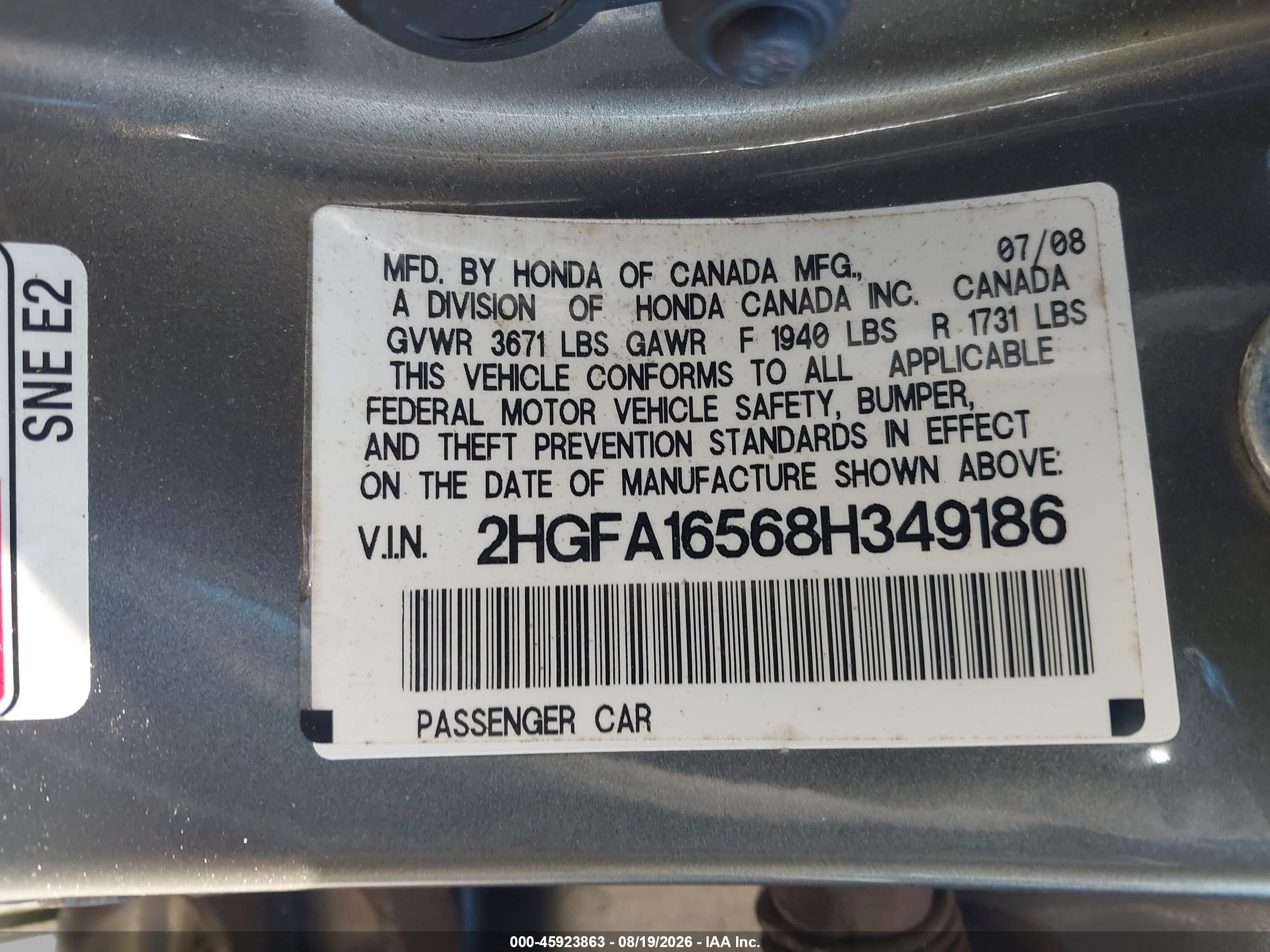 2008 Honda Civic Lx Gray vin: 2HGFA16568H349186