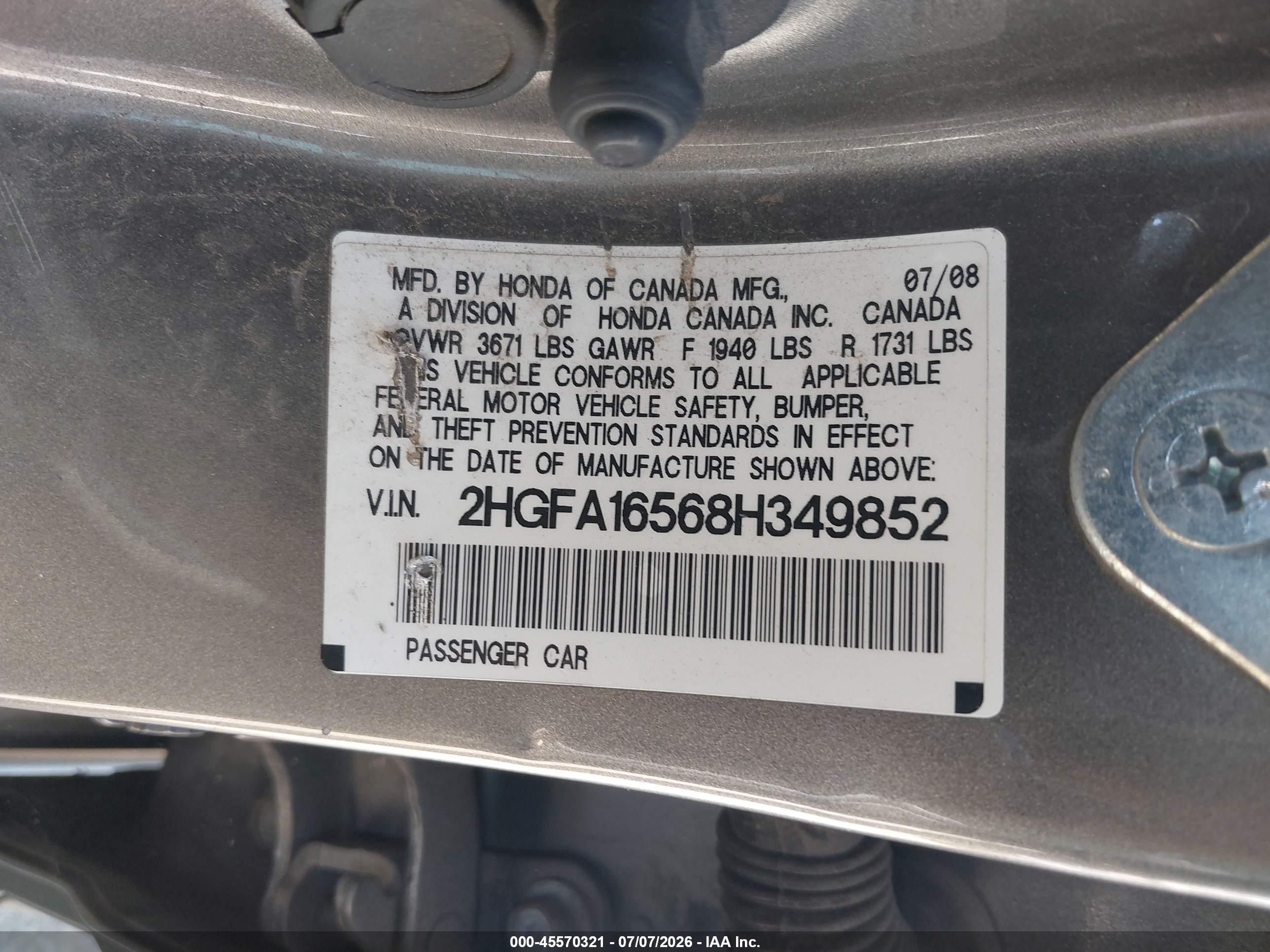 2008 Honda Civic Lx Gray vin: 2HGFA16568H349852