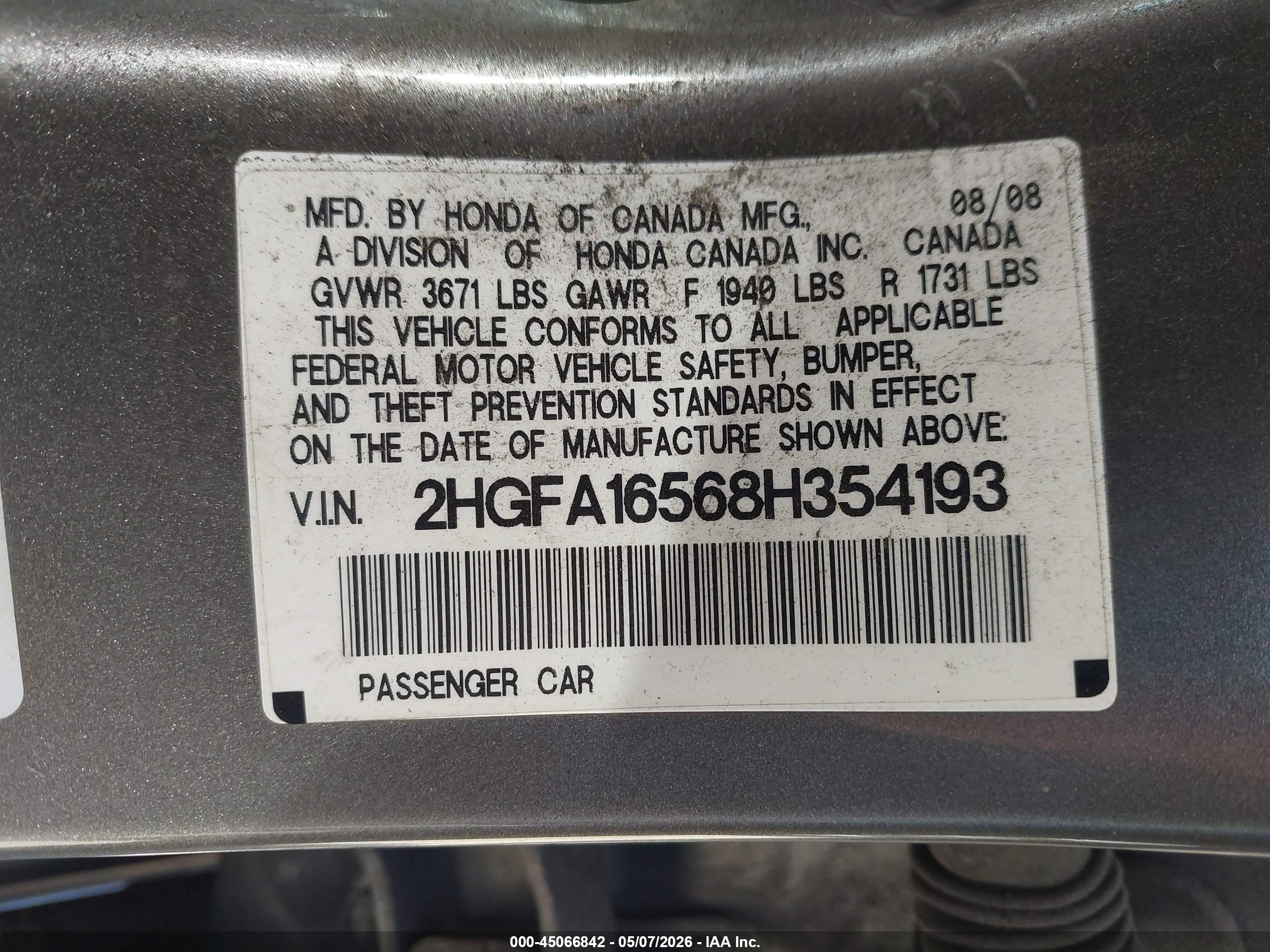 2008 Honda Civic Lx Gray vin: 2HGFA16568H354193