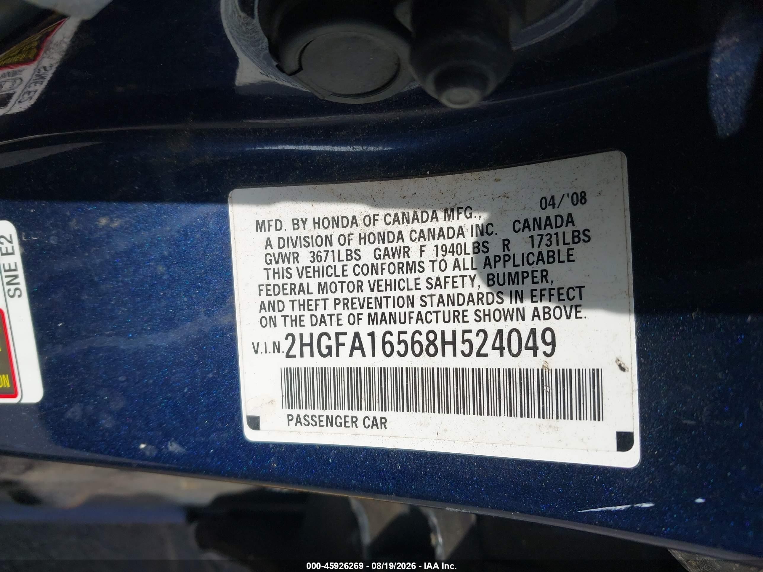 2008 Honda Civic Lx Синий vin: 2HGFA16568H524049