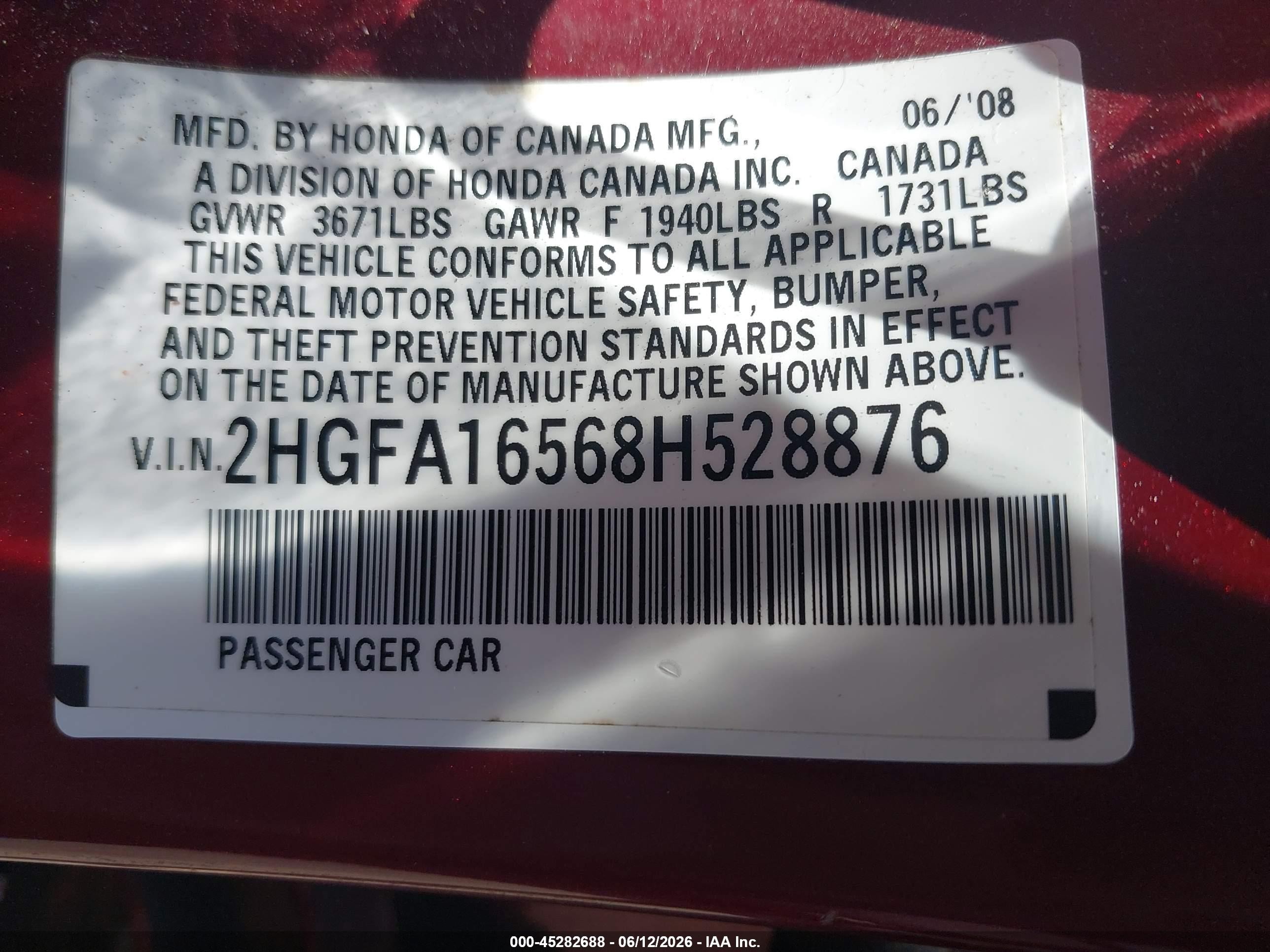 2008 Honda Civic Lx Burgundy vin: 2HGFA16568H528876