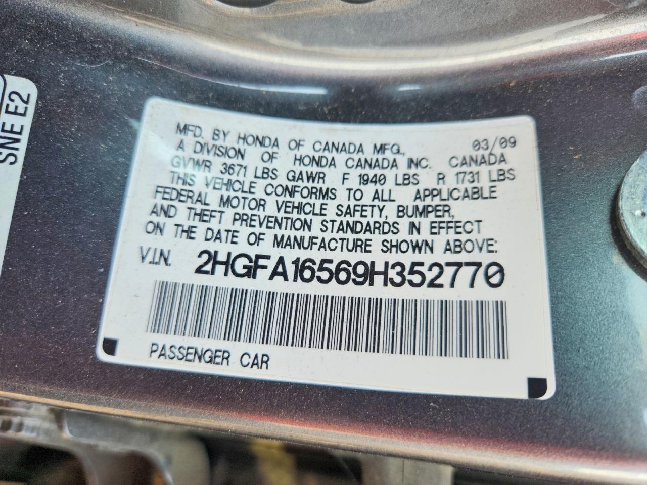 2009 Honda Civic Lx Gray vin: 2HGFA16569H352770
