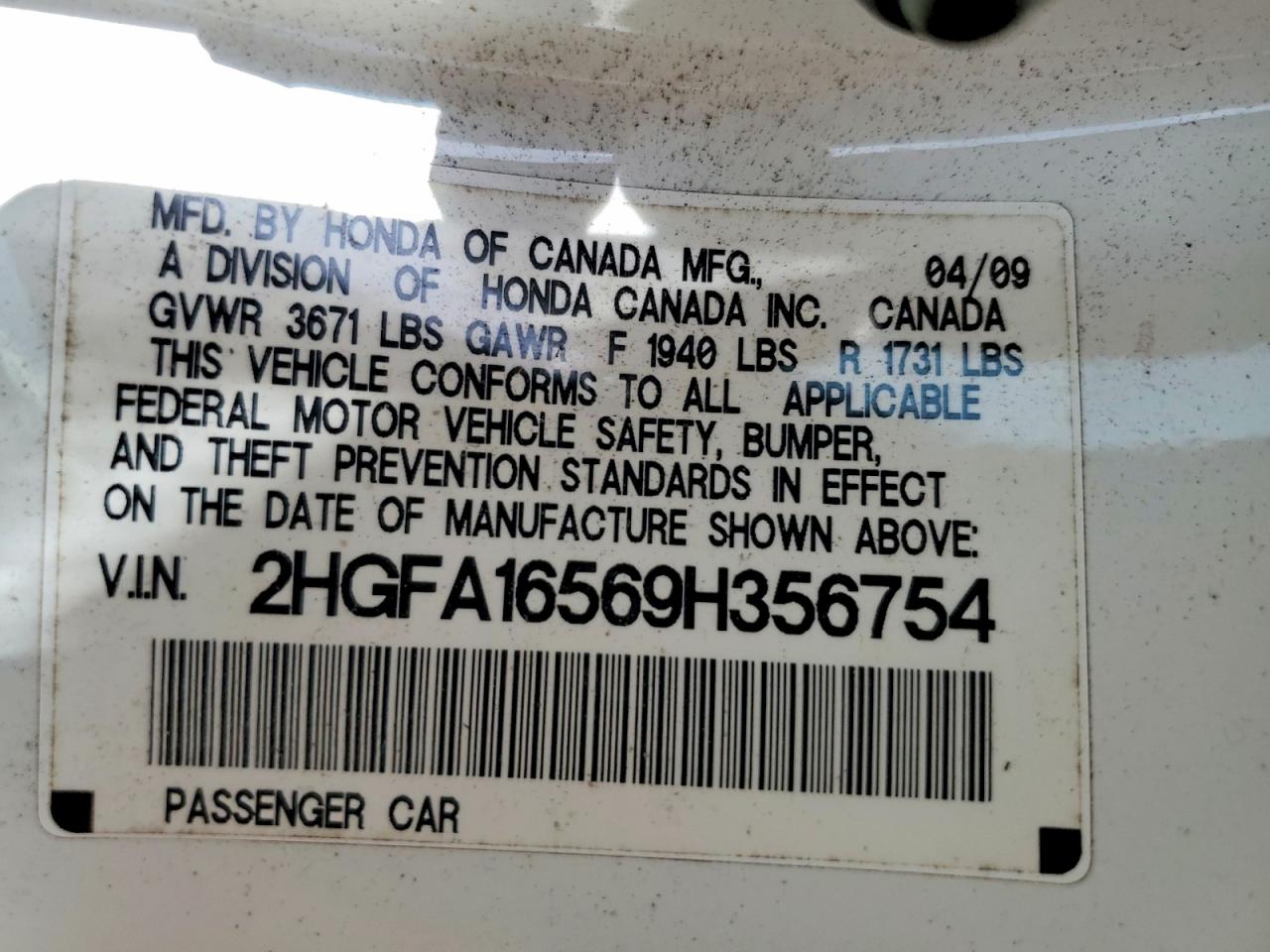 2009 Honda Civic Lx White vin: 2HGFA16569H356754
