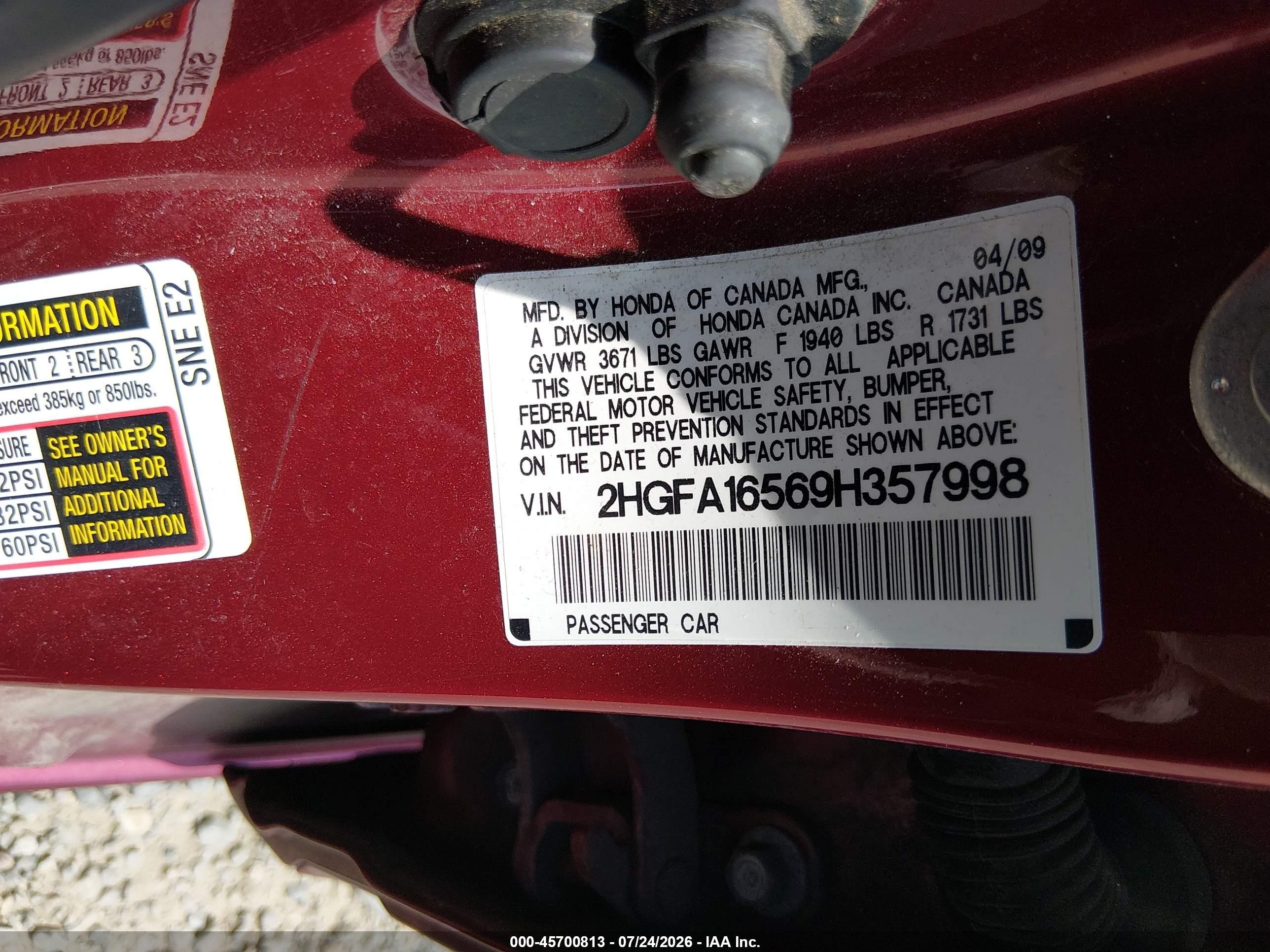 2009 Honda Civic Lx Бордовый vin: 2HGFA16569H357998