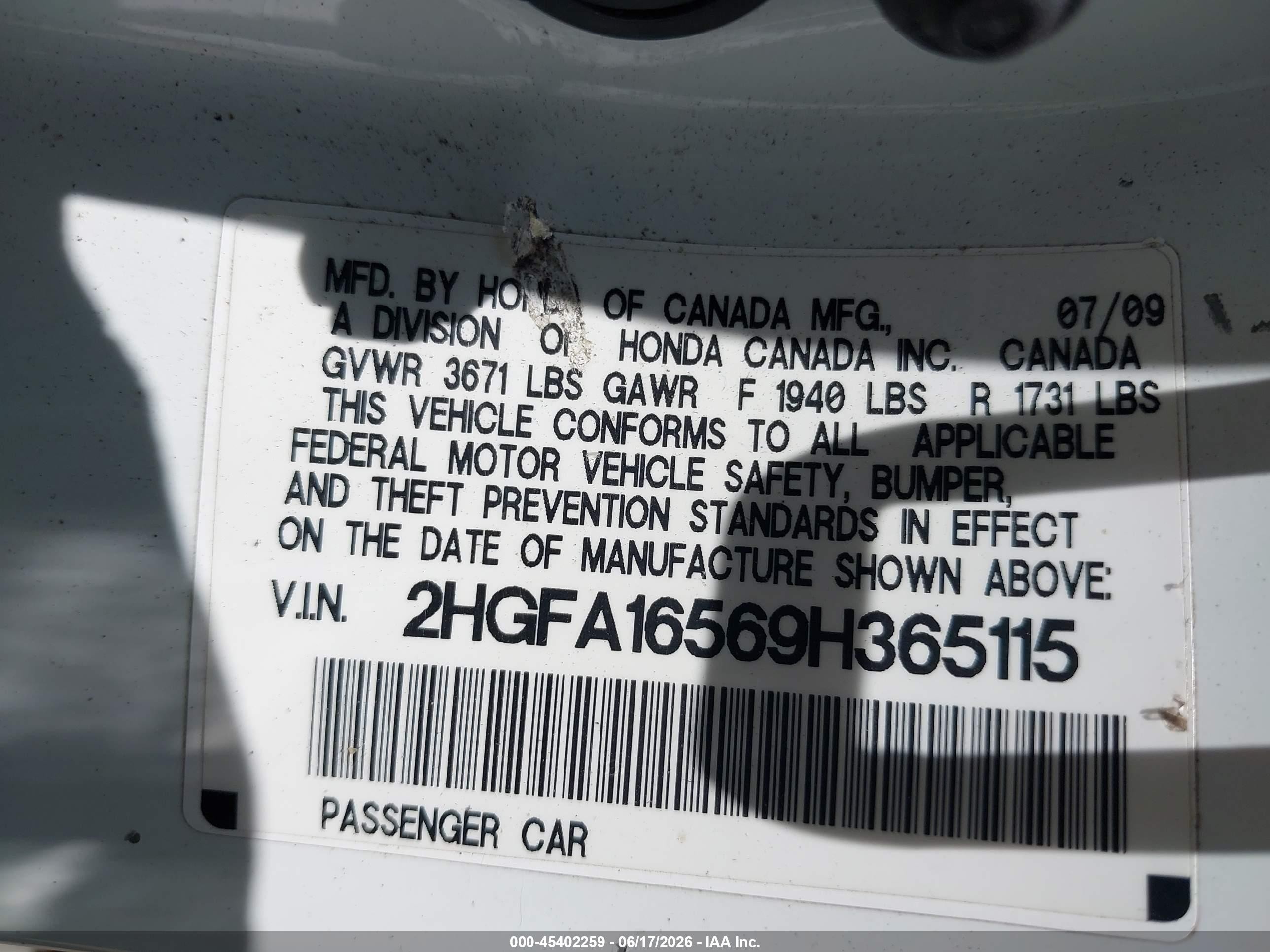 2009 Honda Civic Lx White vin: 2HGFA16569H365115