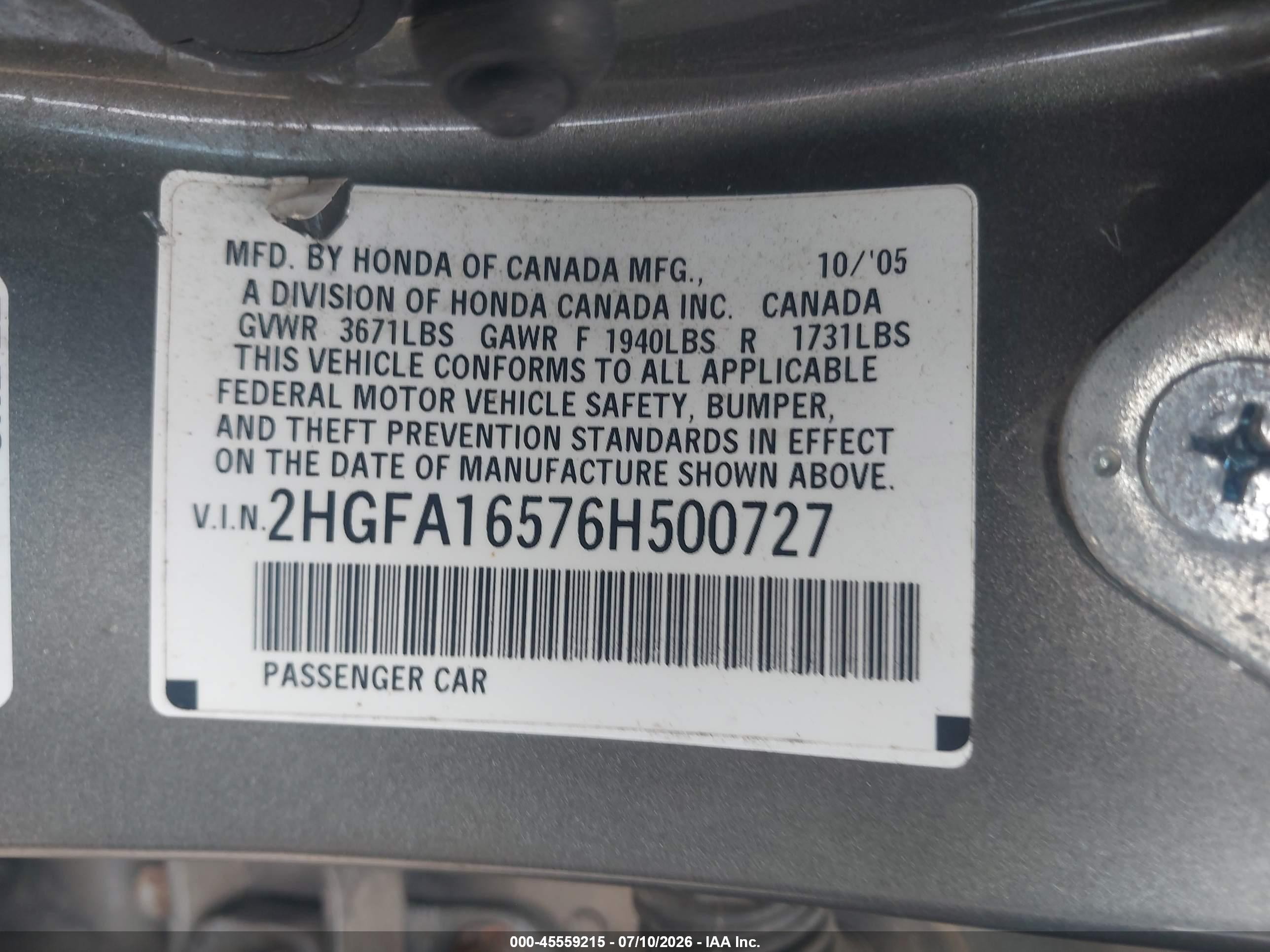 2006 Honda Civic Lx Gray vin: 2HGFA16576H500727