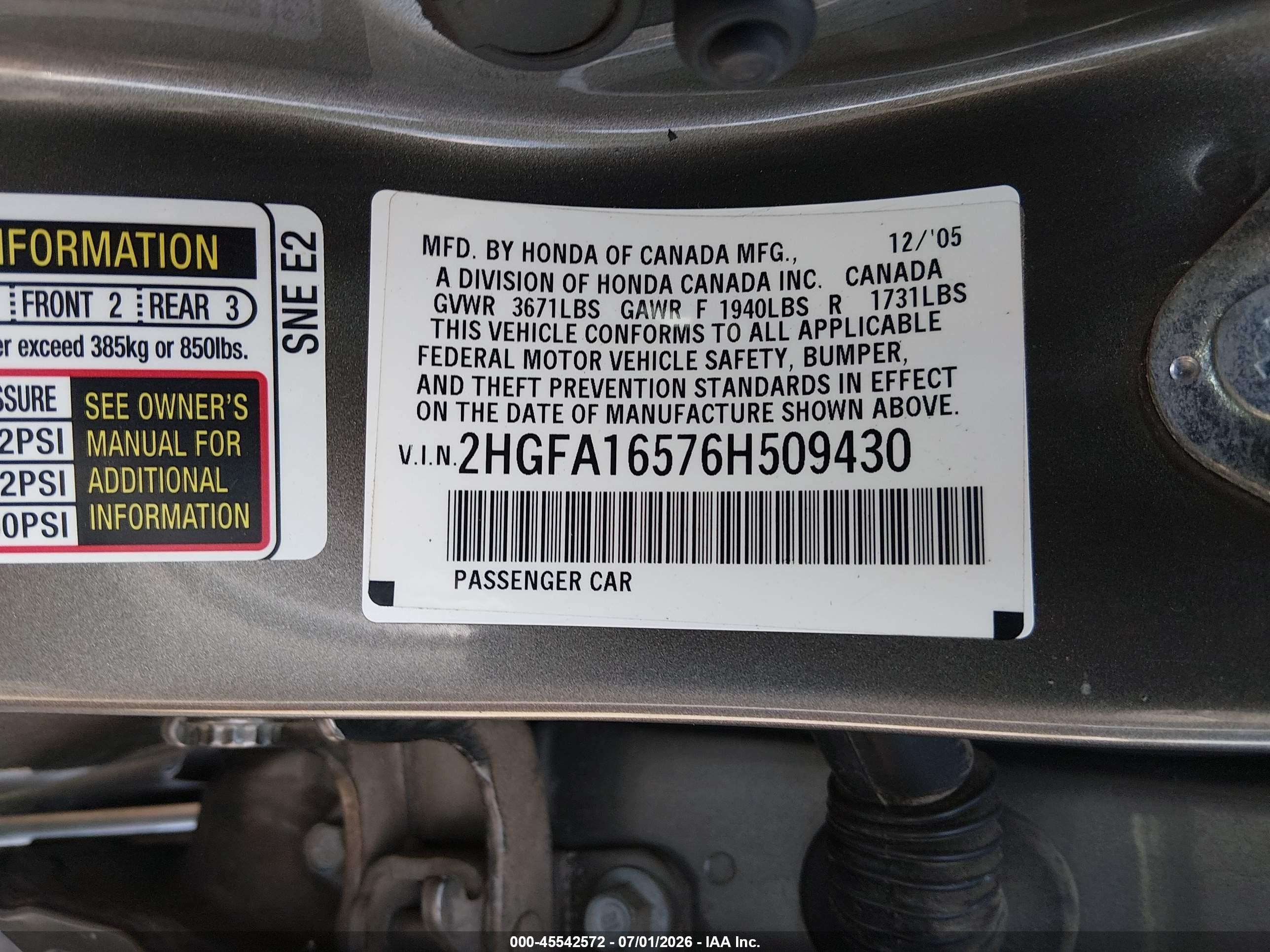 2006 Honda Civic Lx Champagne vin: 2HGFA16576H509430