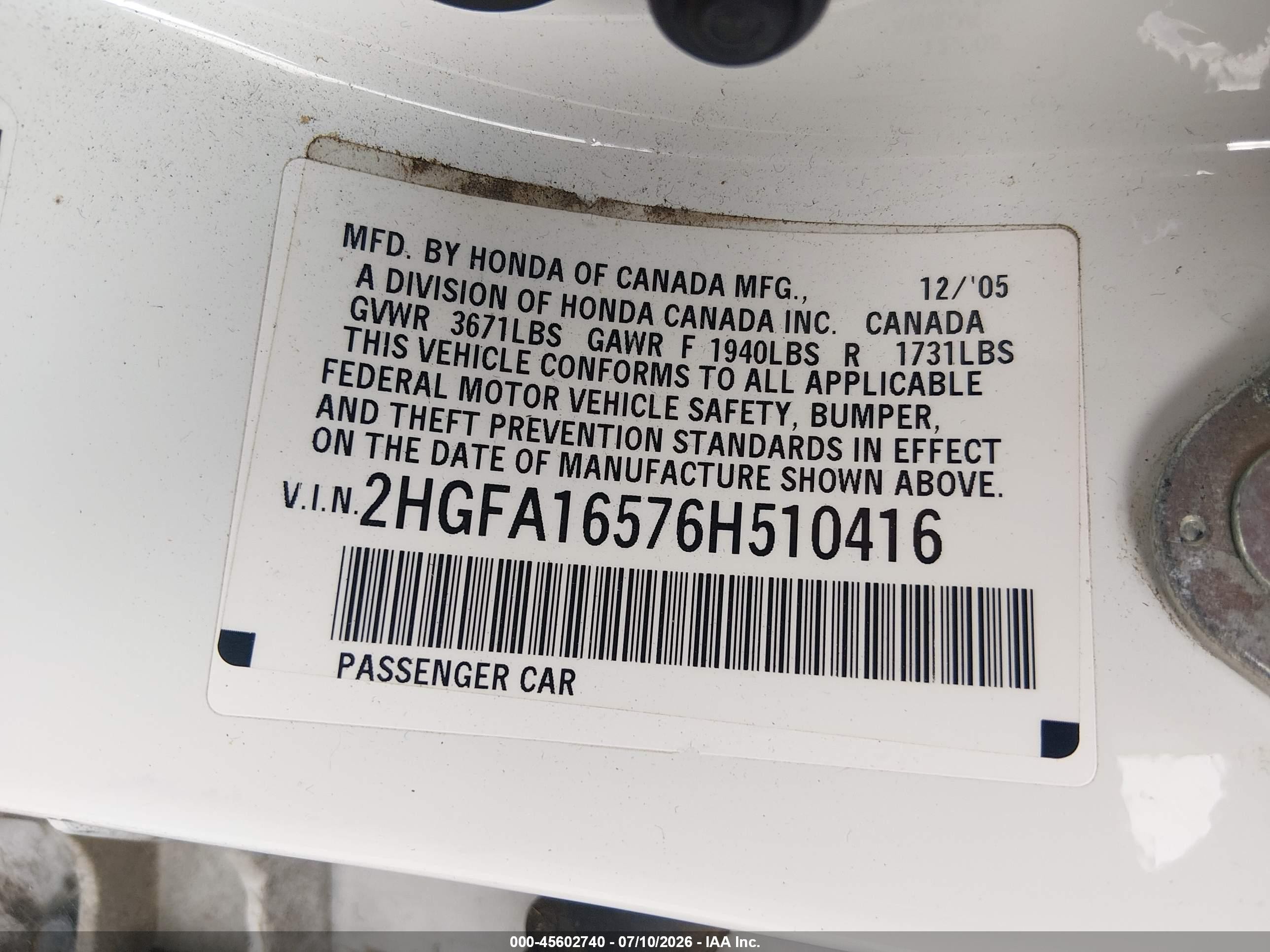2006 Honda Civic Lx White vin: 2HGFA16576H510416