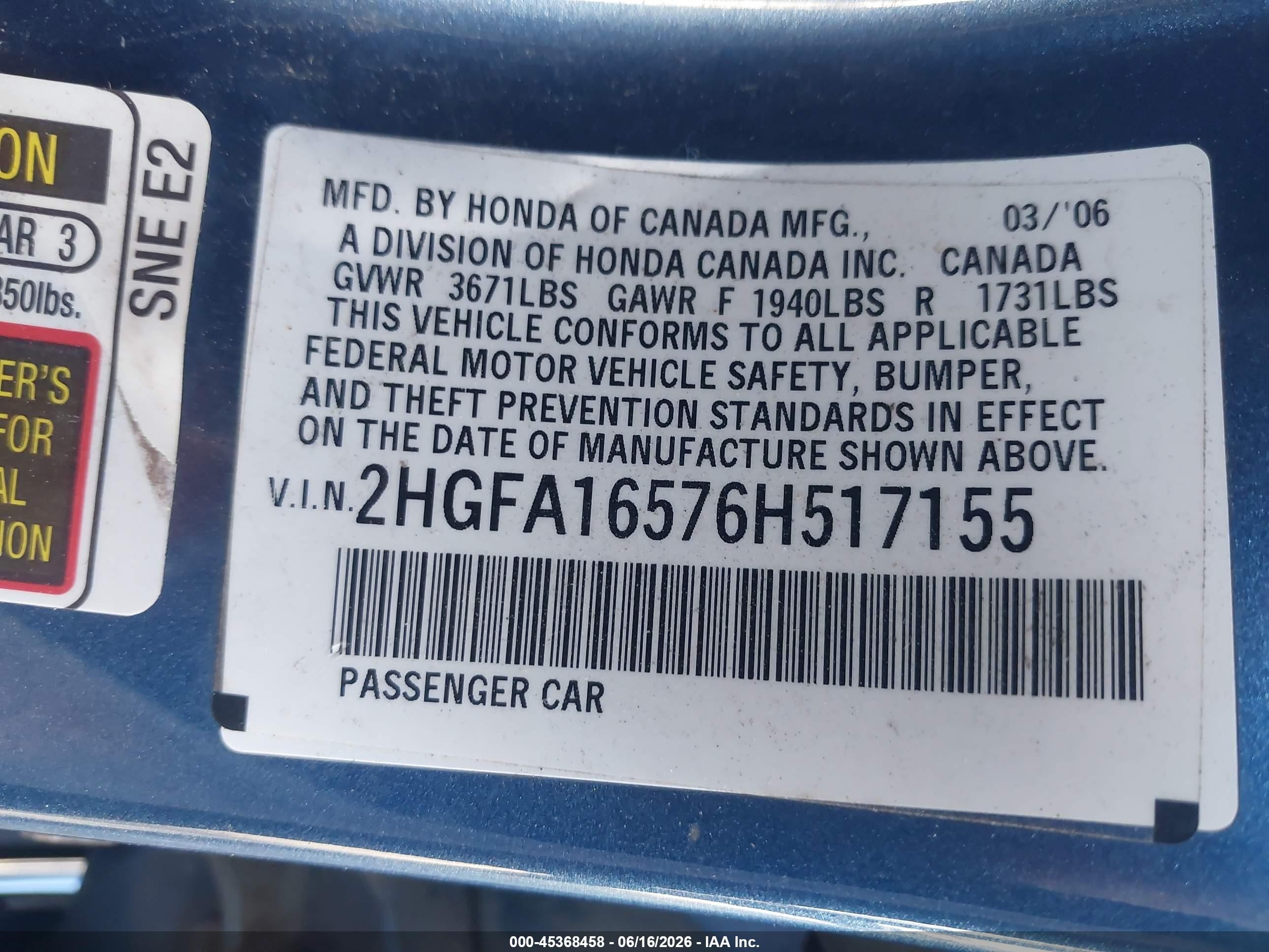 2006 Honda Civic Lx Blue vin: 2HGFA16576H517155