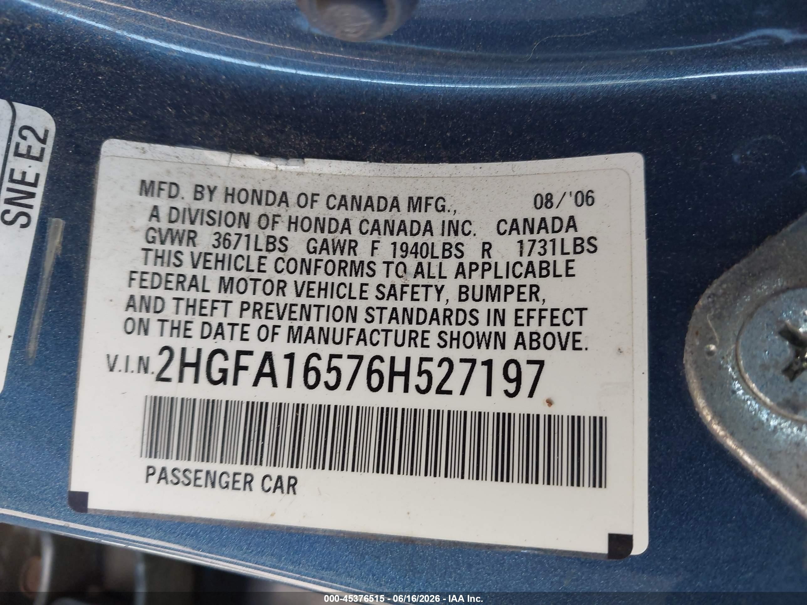 2006 Honda Civic Lx Blue vin: 2HGFA16576H527197