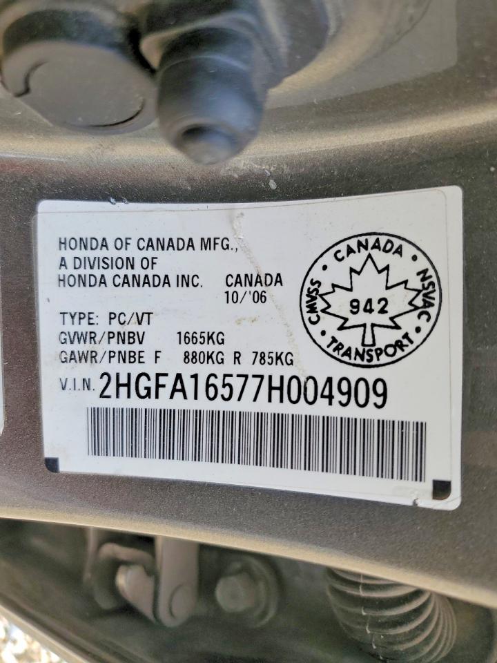 2007 Honda Civic Lx Gray vin: 2HGFA16577H004909