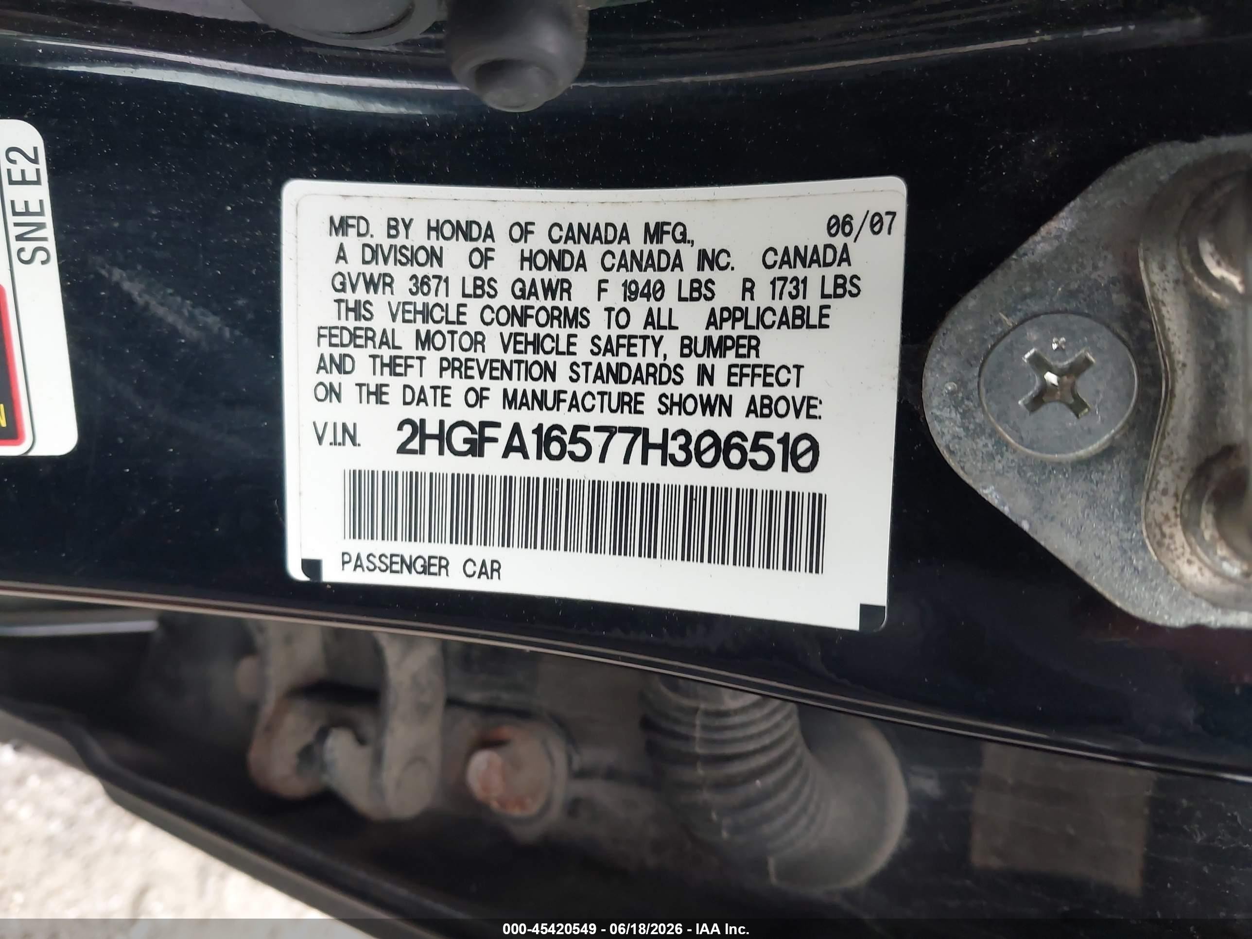 2007 Honda Civic Lx Black vin: 2HGFA16577H306510