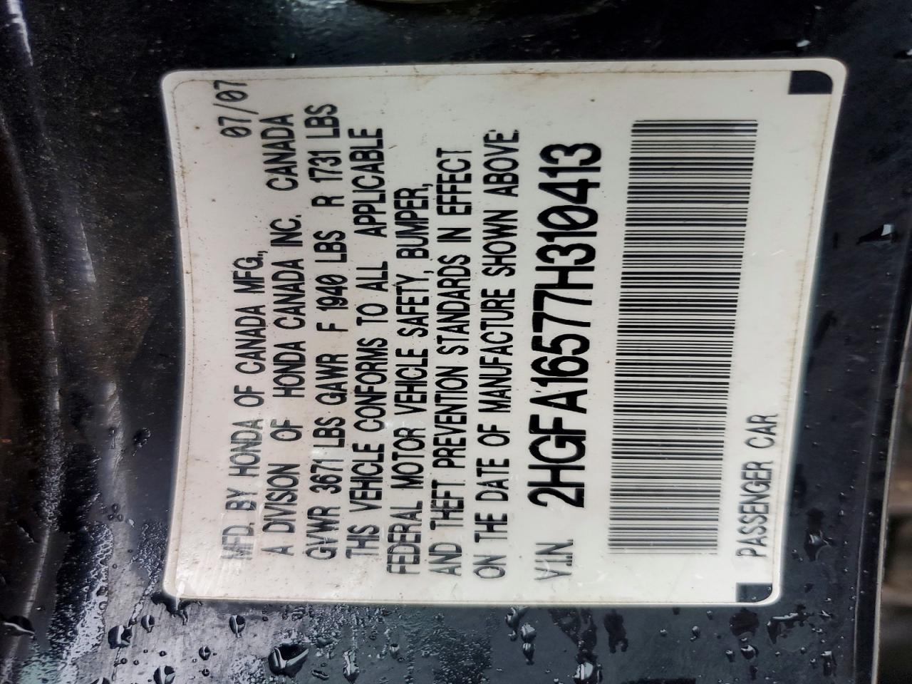 2007 Honda Civic Lx Черный vin: 2HGFA16577H310413