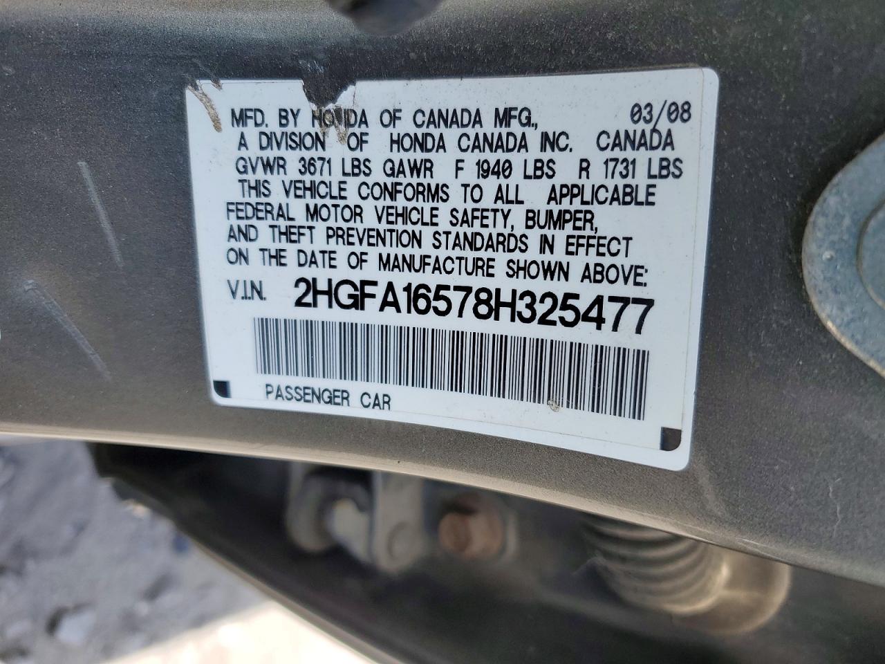 2008 Honda Civic Lx Gray vin: 2HGFA16578H325477