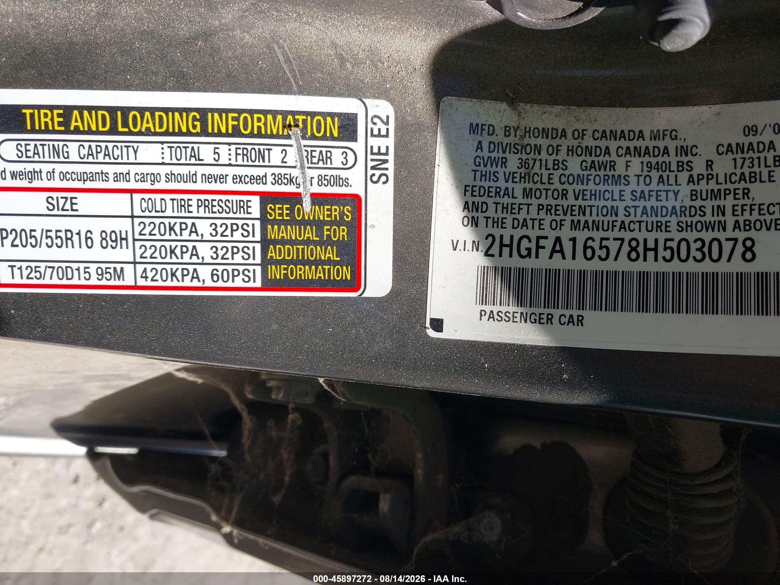 2008 Honda Civic Lx Серый vin: 2HGFA16578H503078