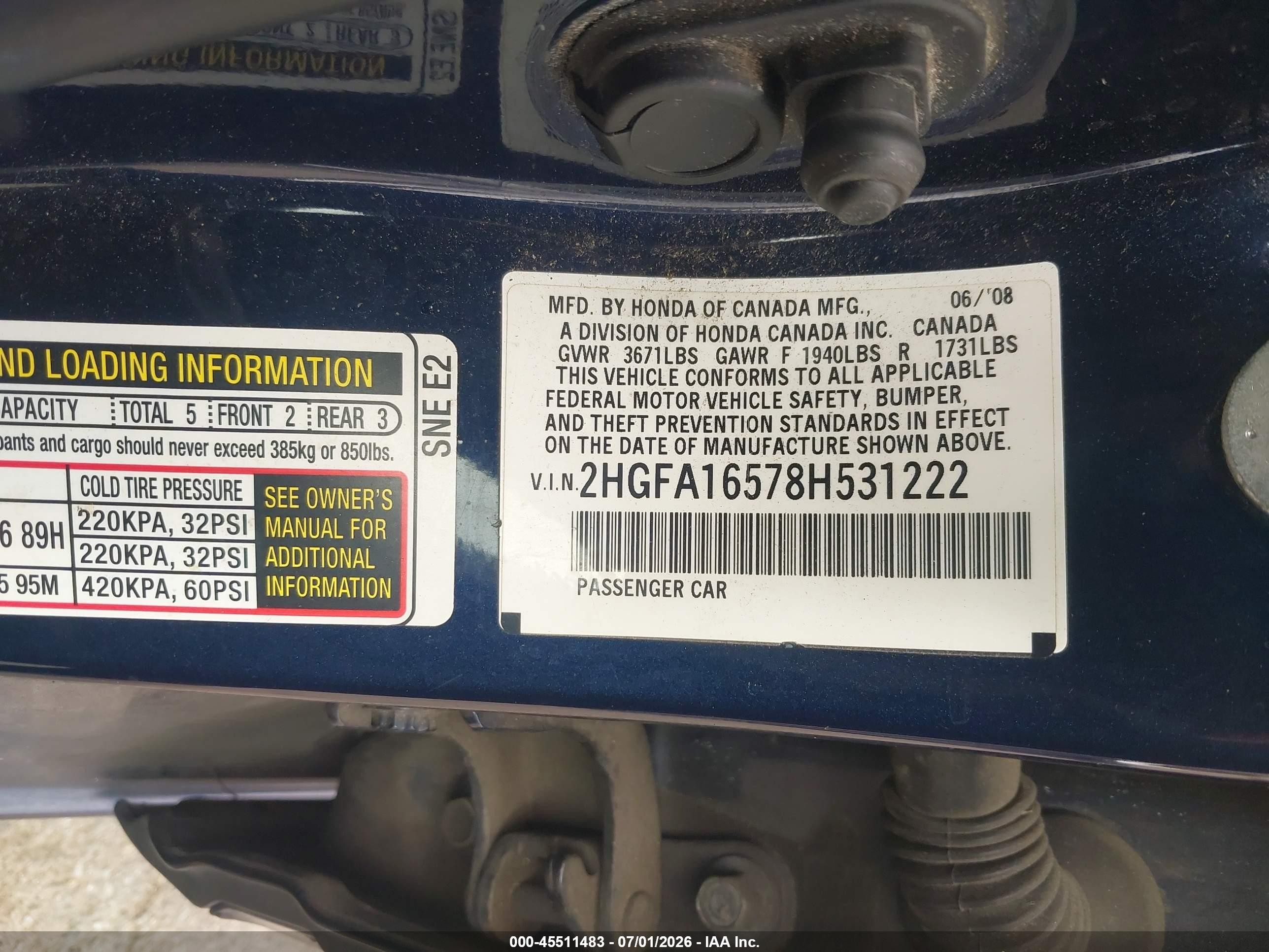 2008 Honda Civic Lx Blue vin: 2HGFA16578H531222