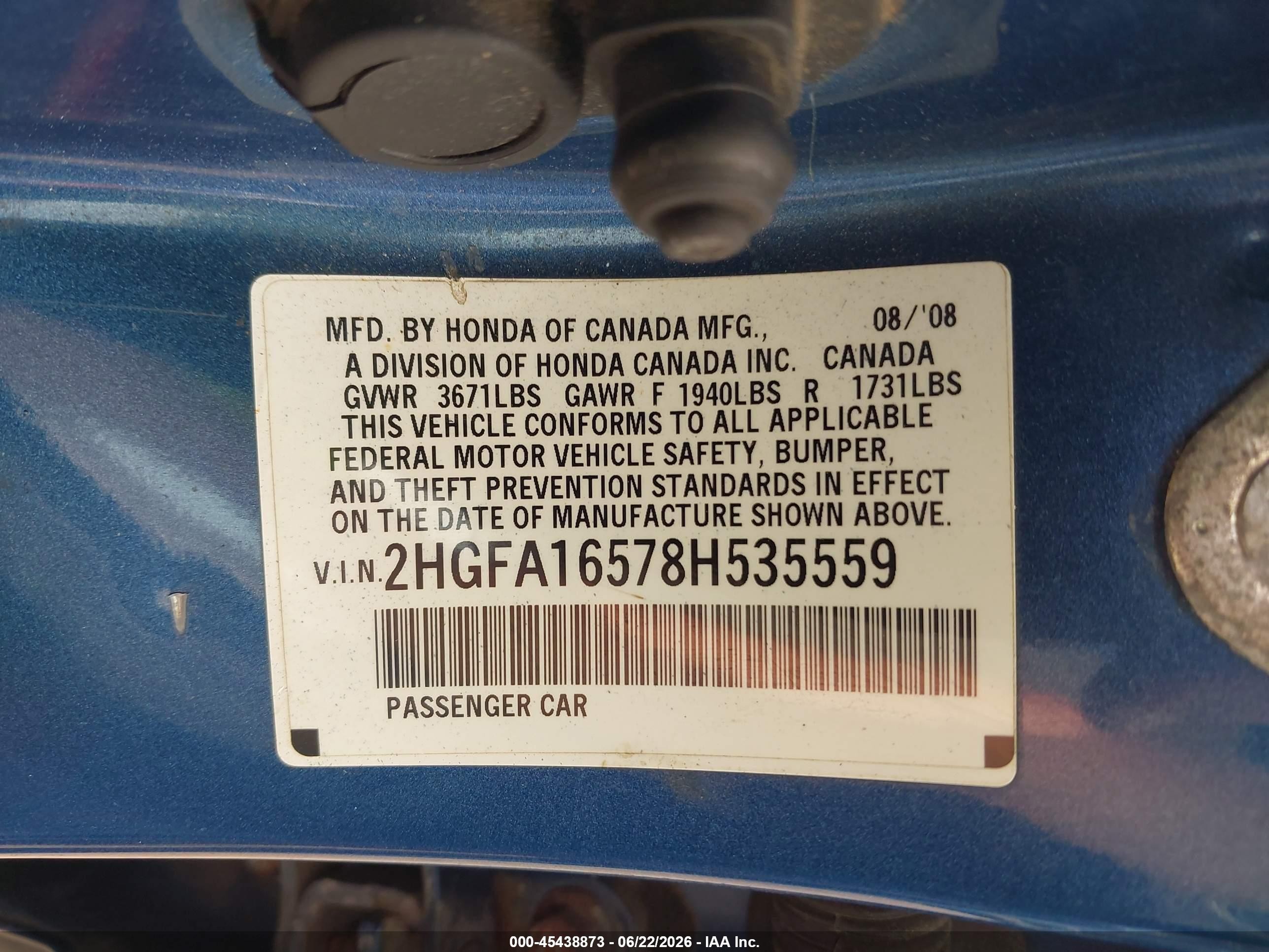 2008 Honda Civic Lx Blue vin: 2HGFA16578H535559