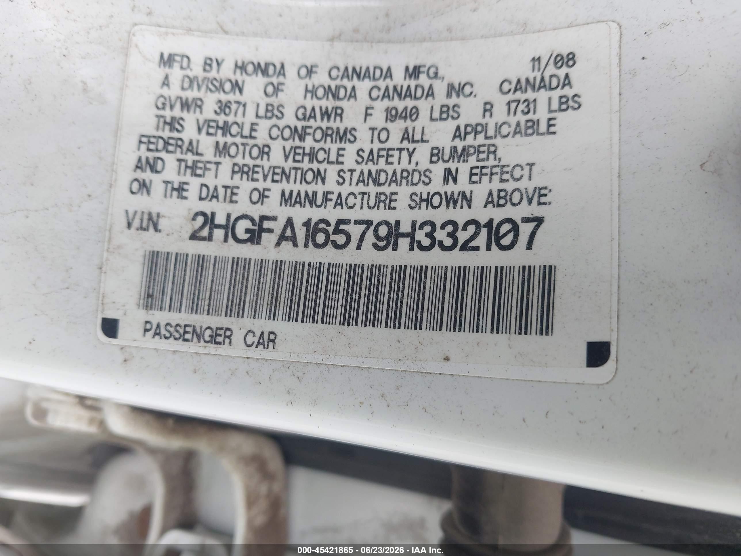 2009 Honda Civic Lx White vin: 2HGFA16579H332107