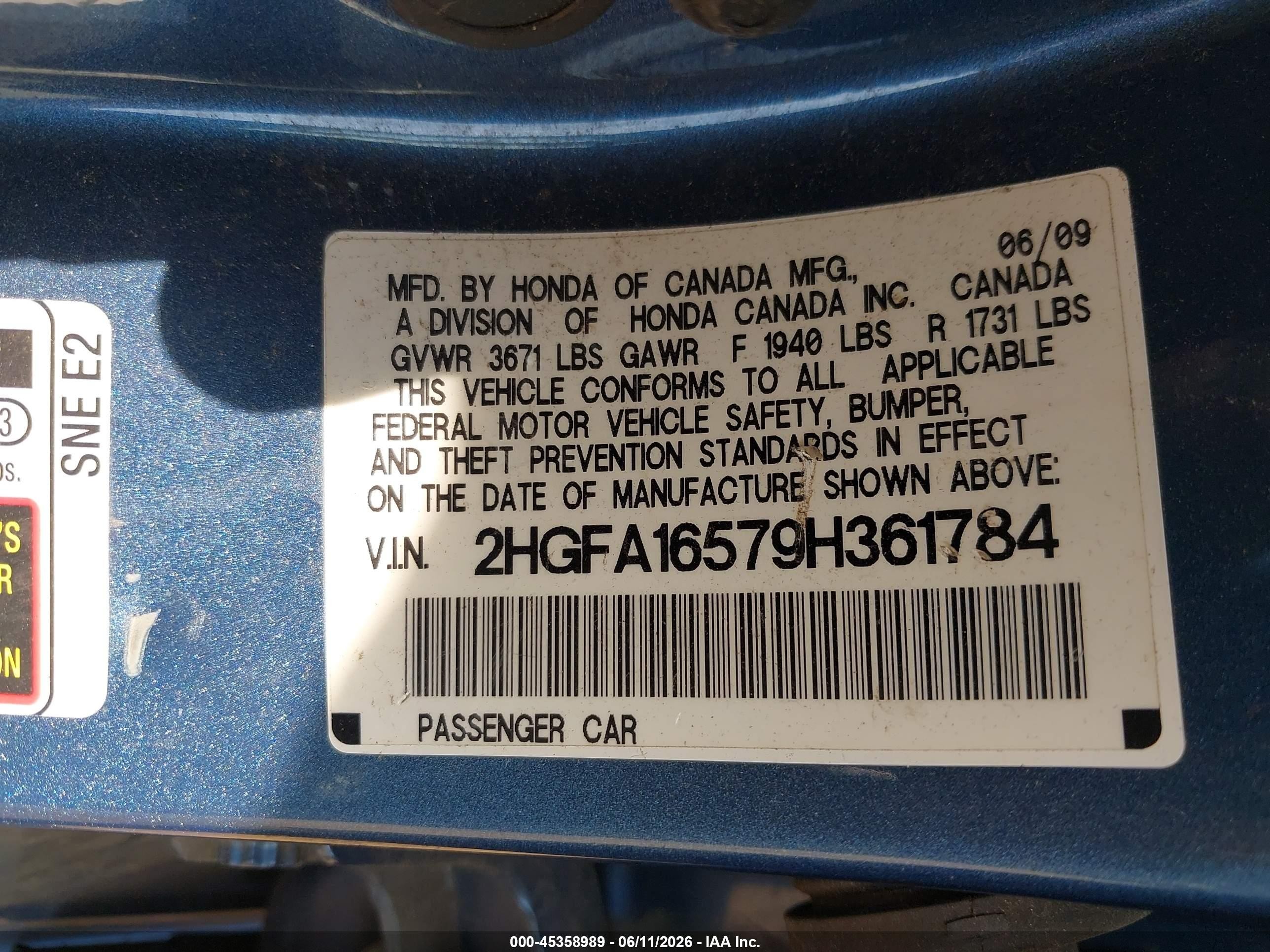 2009 Honda Civic Lx Blue vin: 2HGFA16579H361784