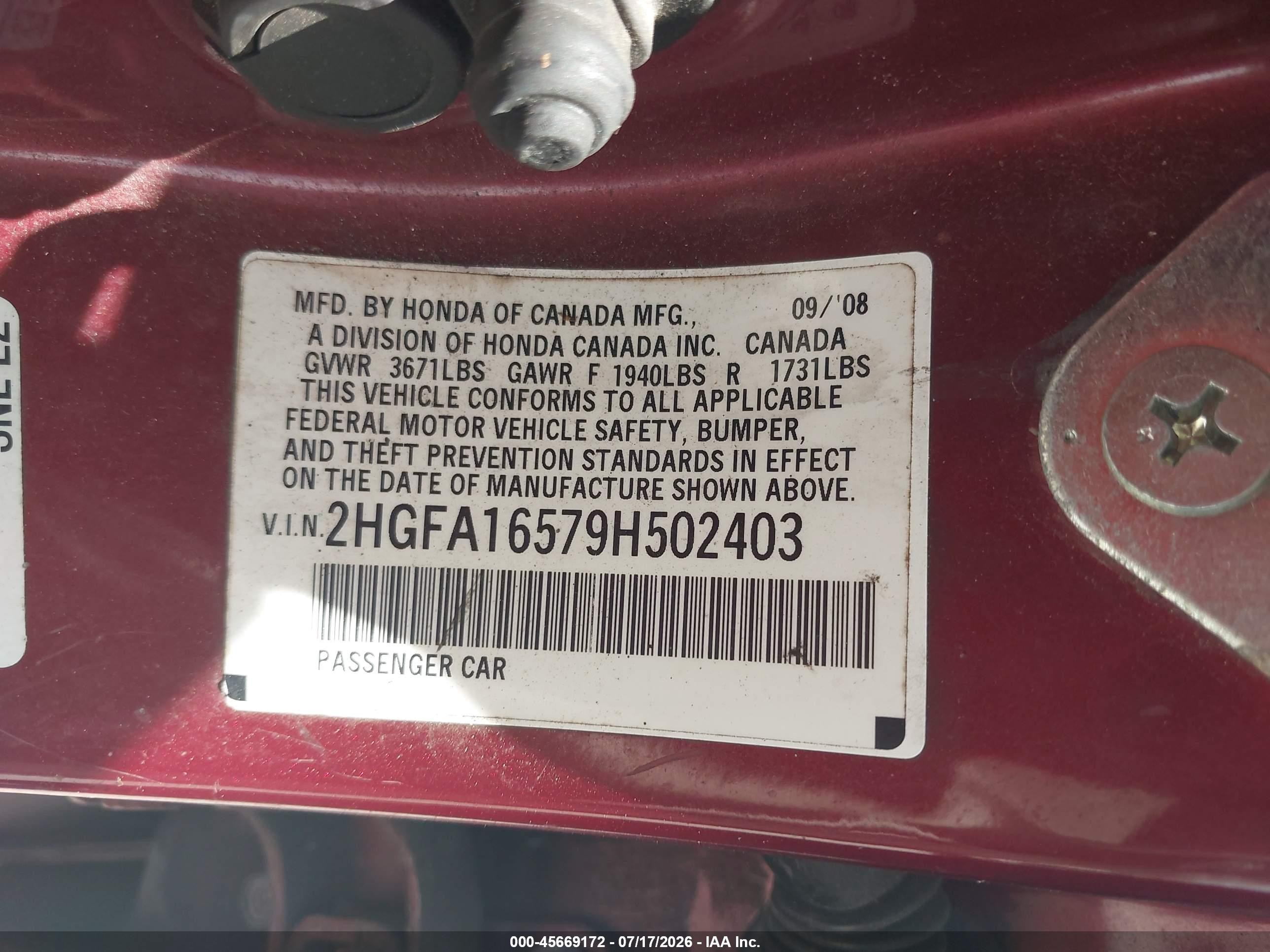 2009 Honda Civic Lx Maroon vin: 2HGFA16579H502403