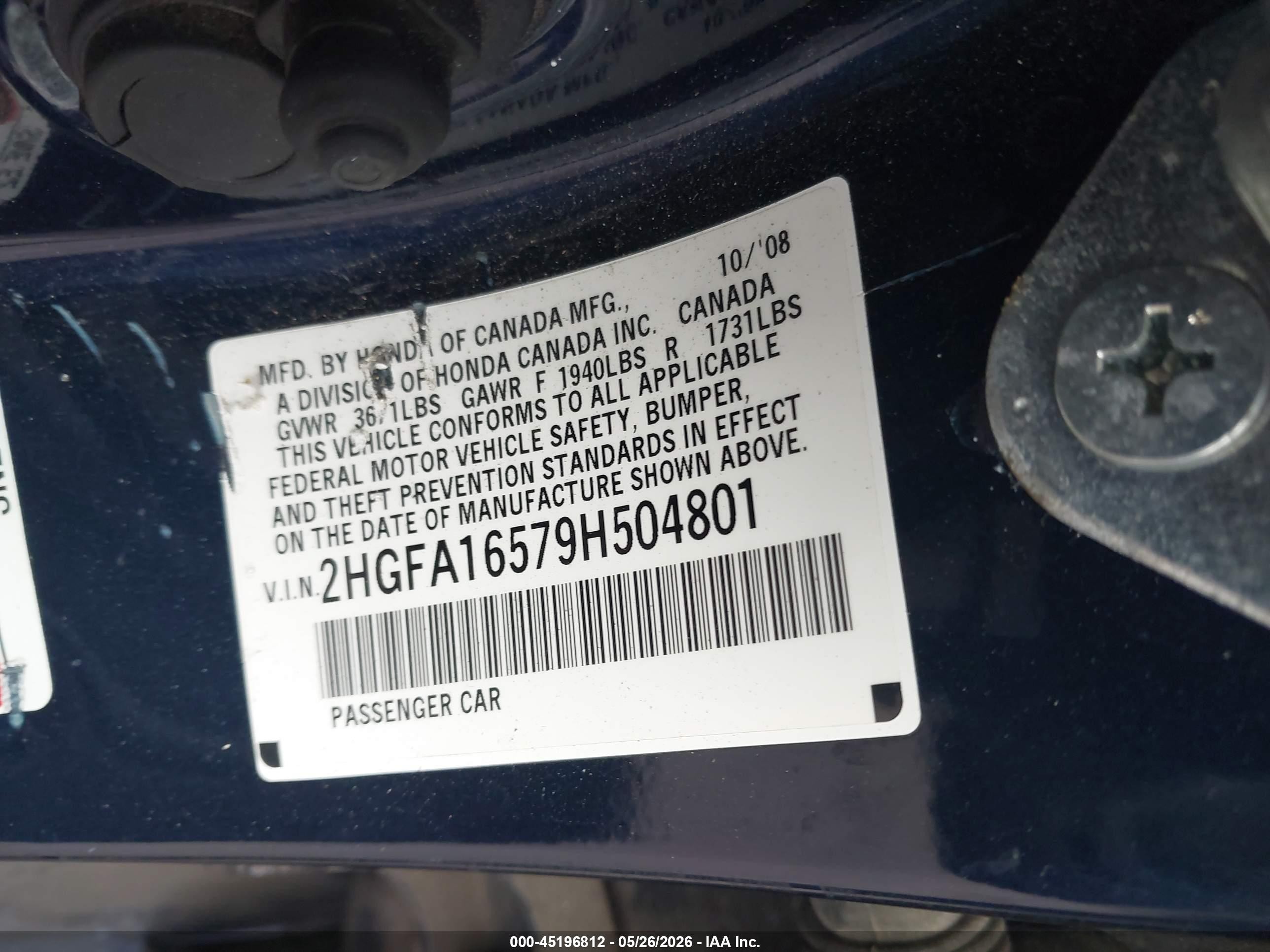 2009 Honda Civic Lx Blue vin: 2HGFA16579H504801