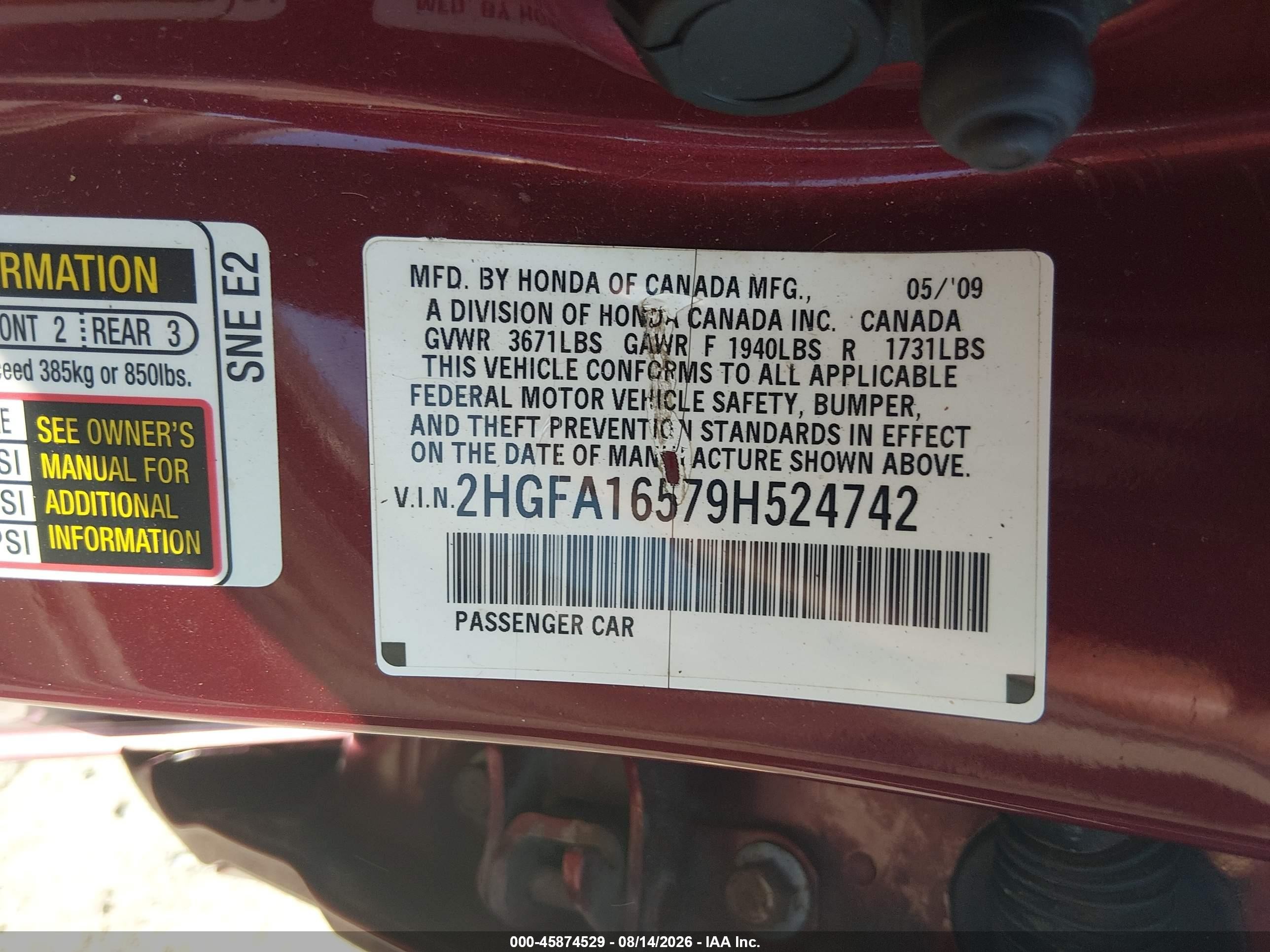 2009 Honda Civic Lx Red vin: 2HGFA16579H524742