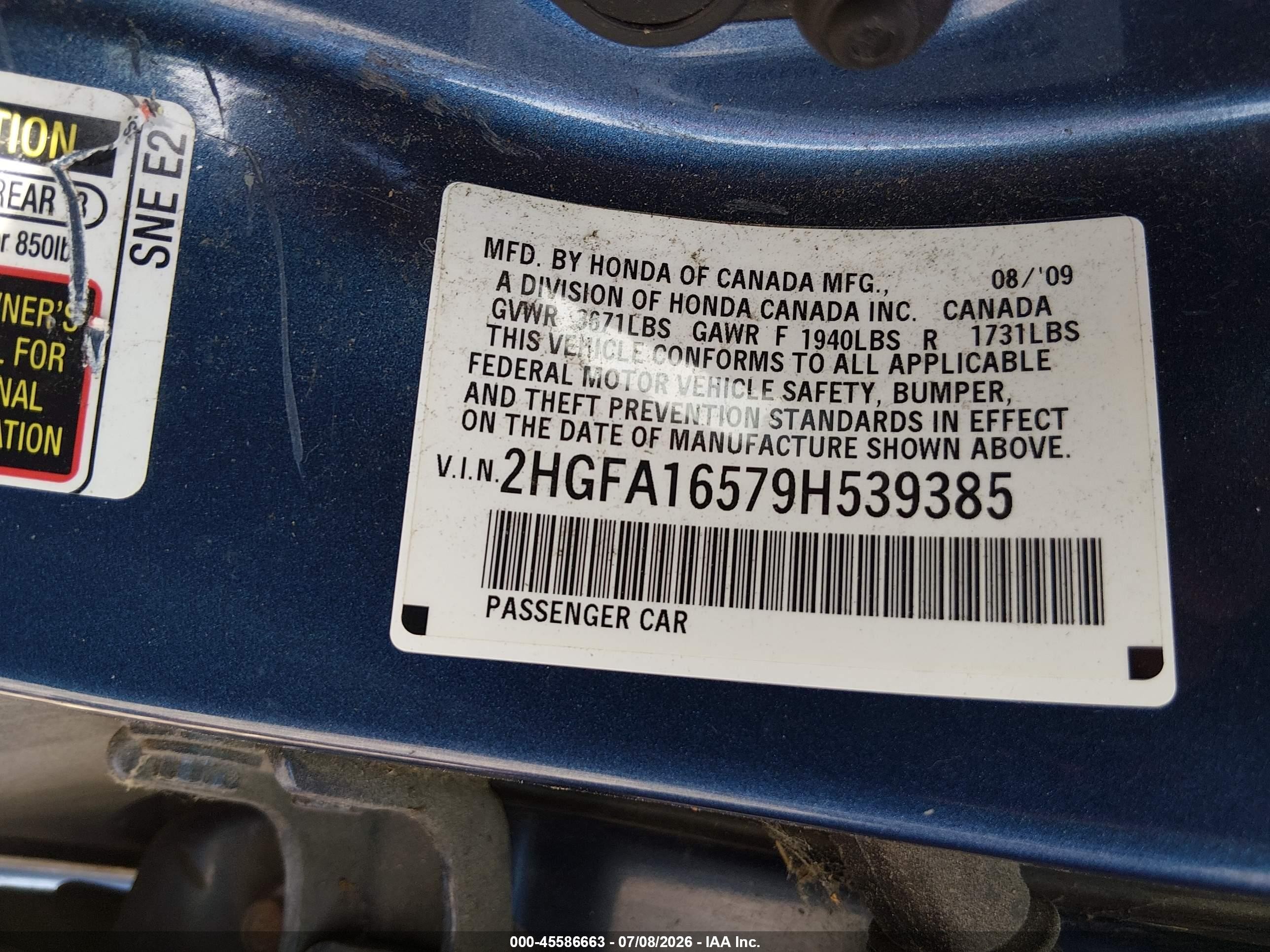 2009 Honda Civic Lx Blue vin: 2HGFA16579H539385