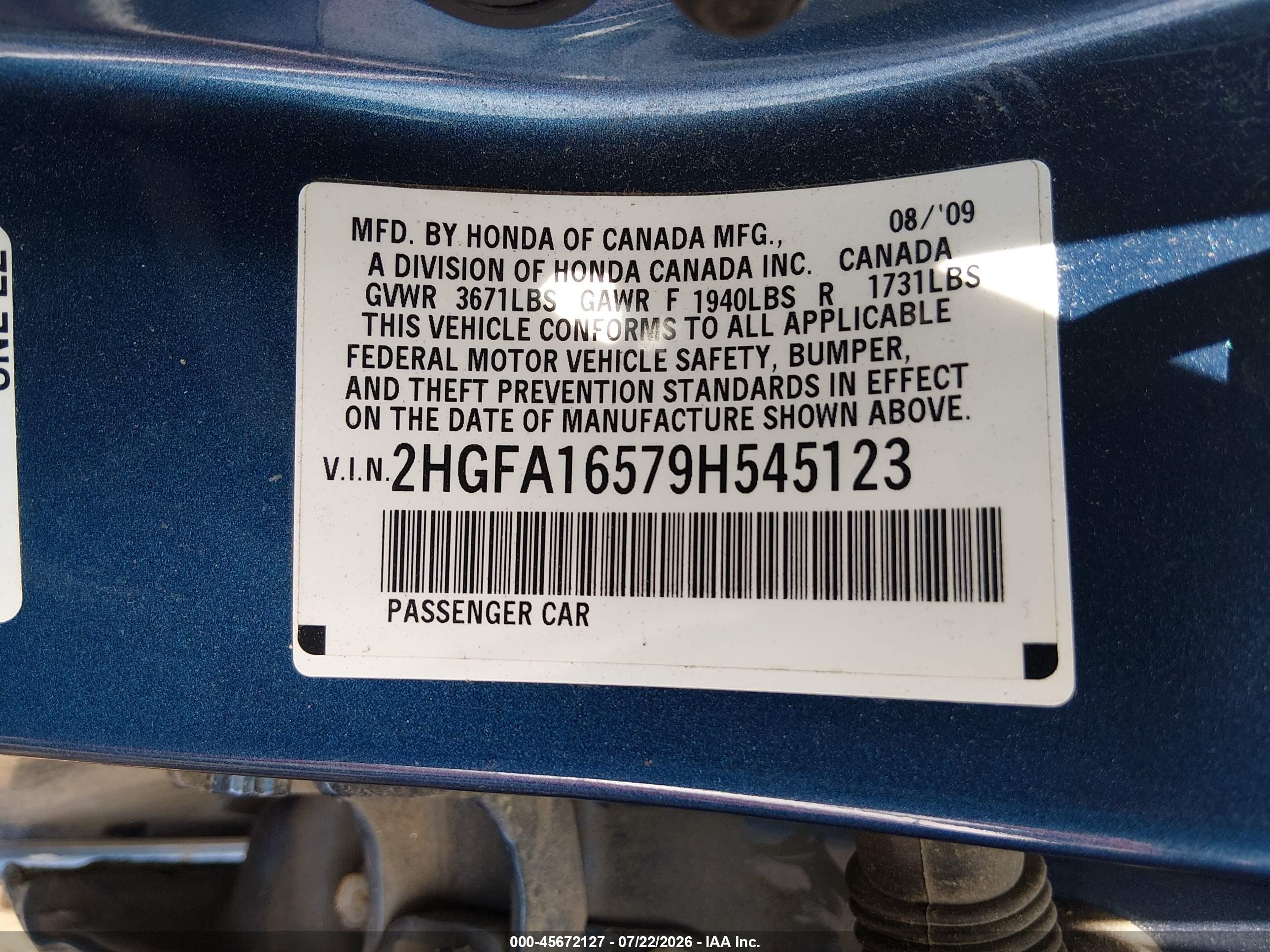2009 Honda Civic Lx Blue vin: 2HGFA16579H545123