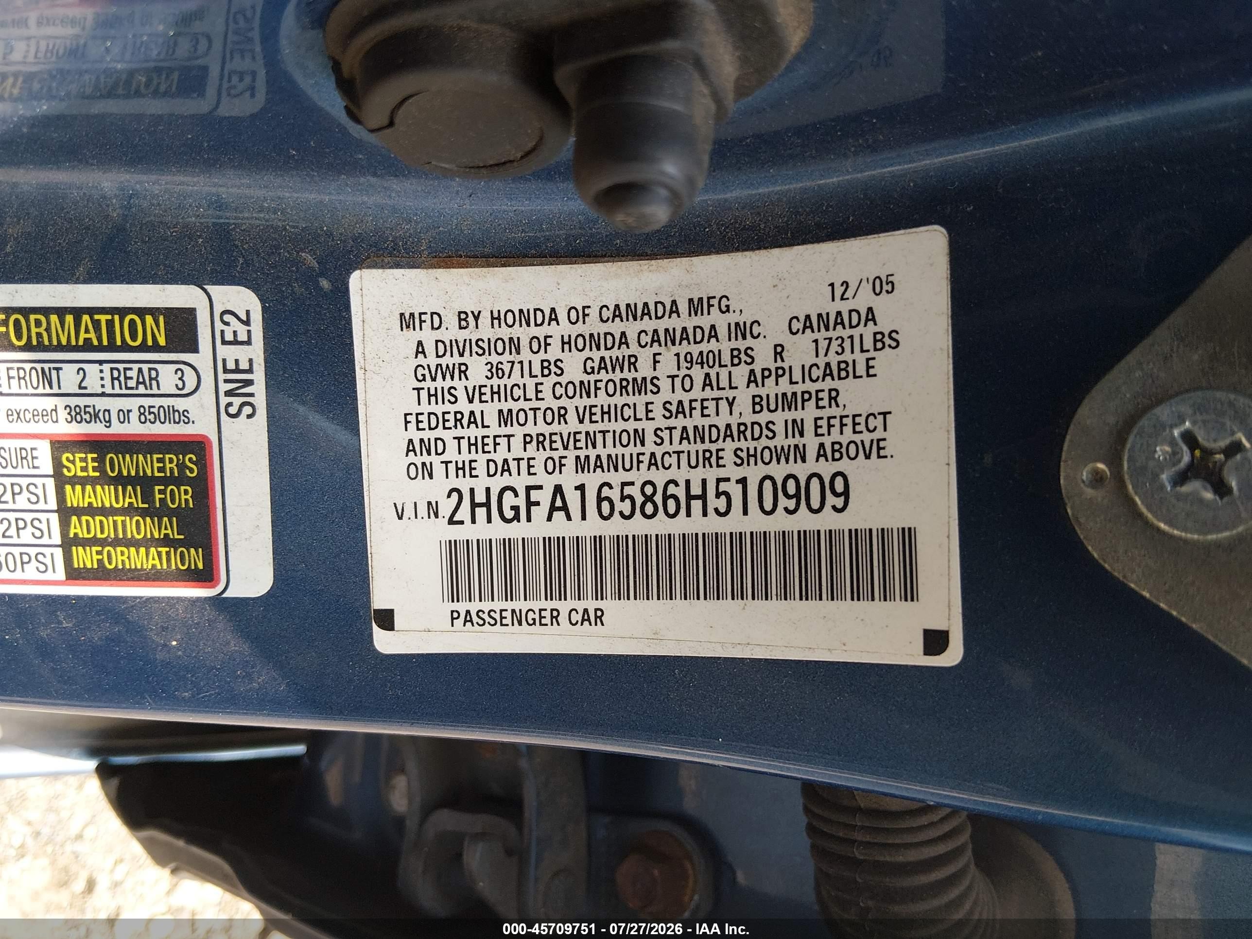 2006 Honda Civic Lx Blue vin: 2HGFA16586H510909