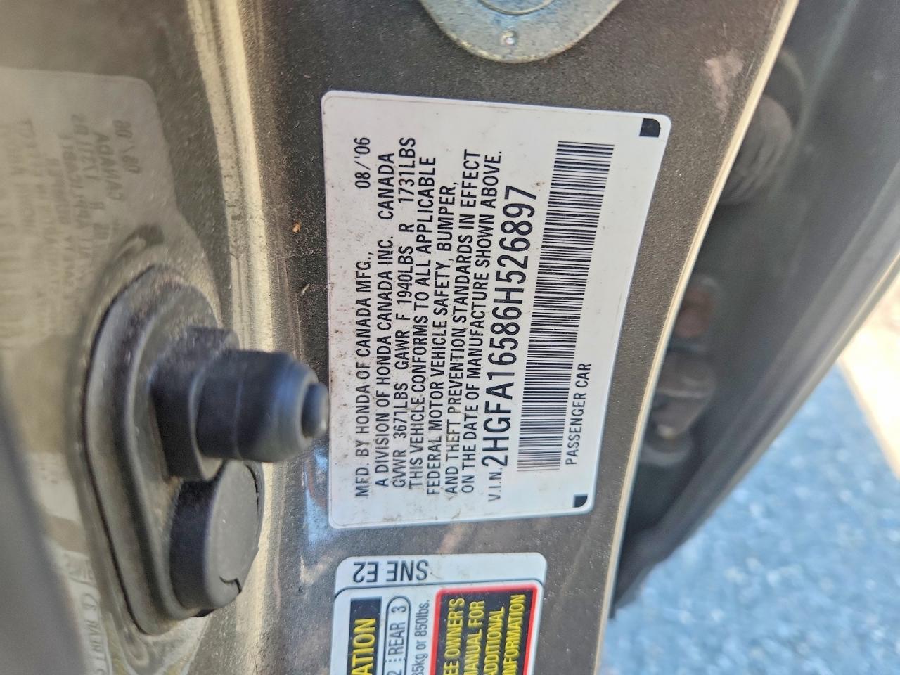 2006 Honda Civic Lx Gray vin: 2HGFA16586H526897