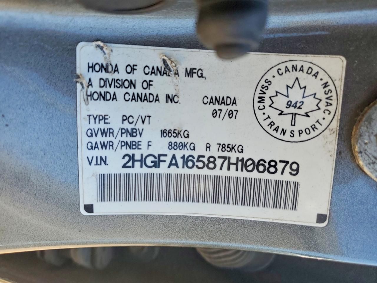 2007 Honda Civic Lx Gray vin: 2HGFA16587H106879