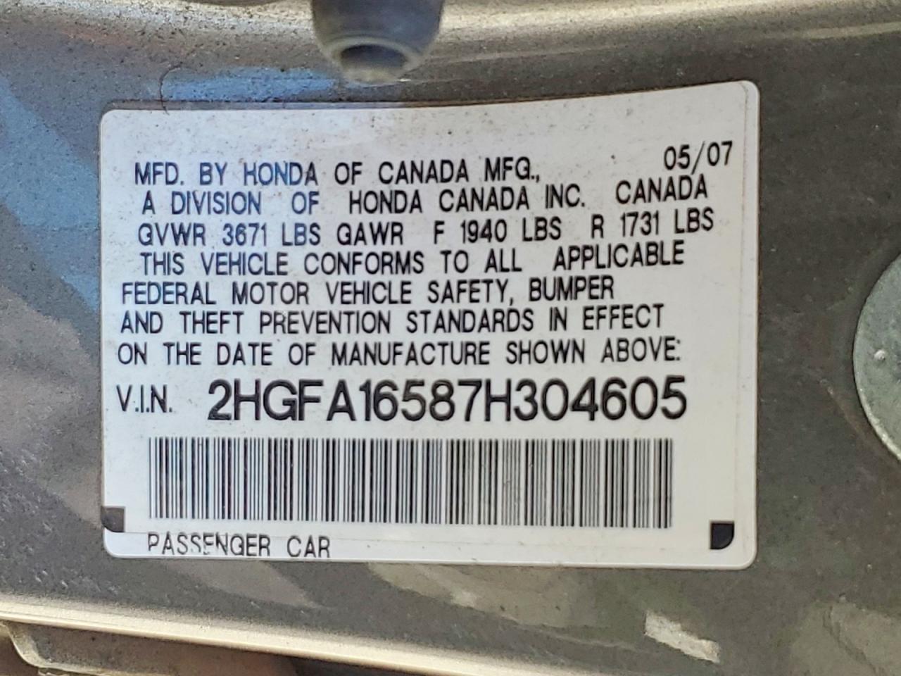 2007 Honda Civic Lx Gray vin: 2HGFA16587H304605