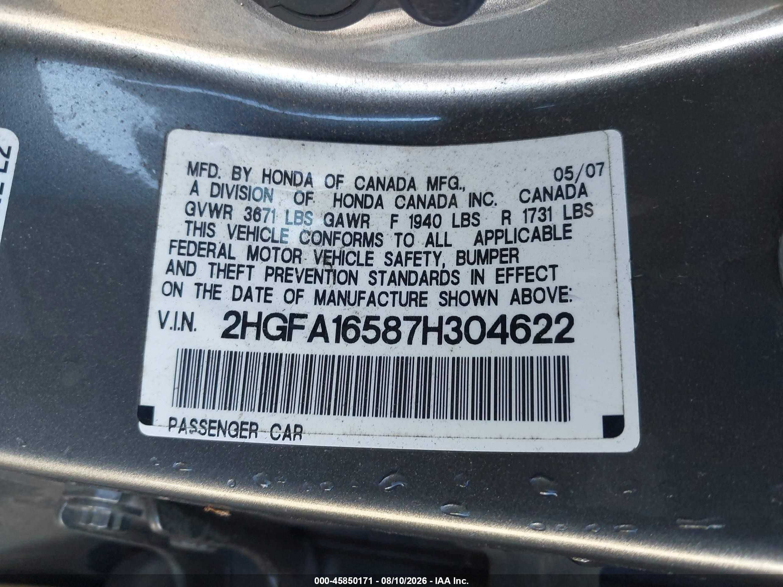 2007 Honda Civic Lx Gray vin: 2HGFA16587H304622