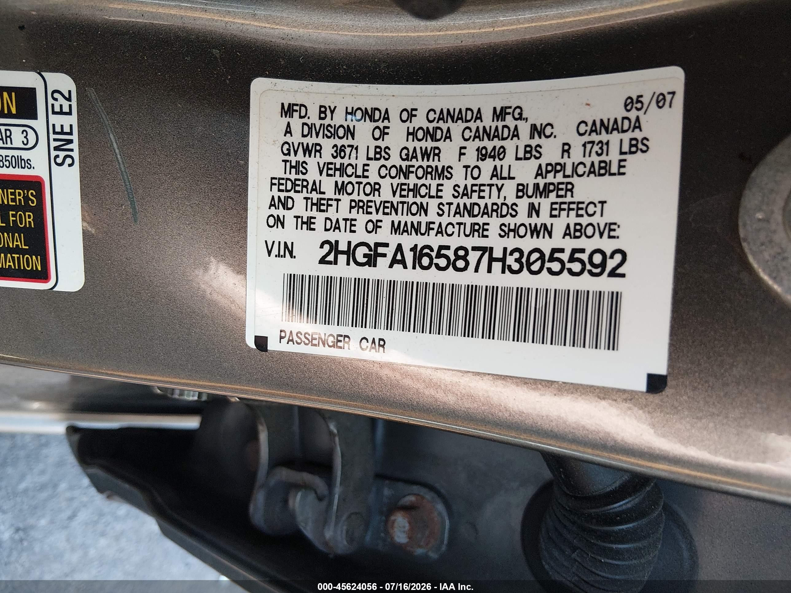 2007 Honda Civic Lx Серый vin: 2HGFA16587H305592