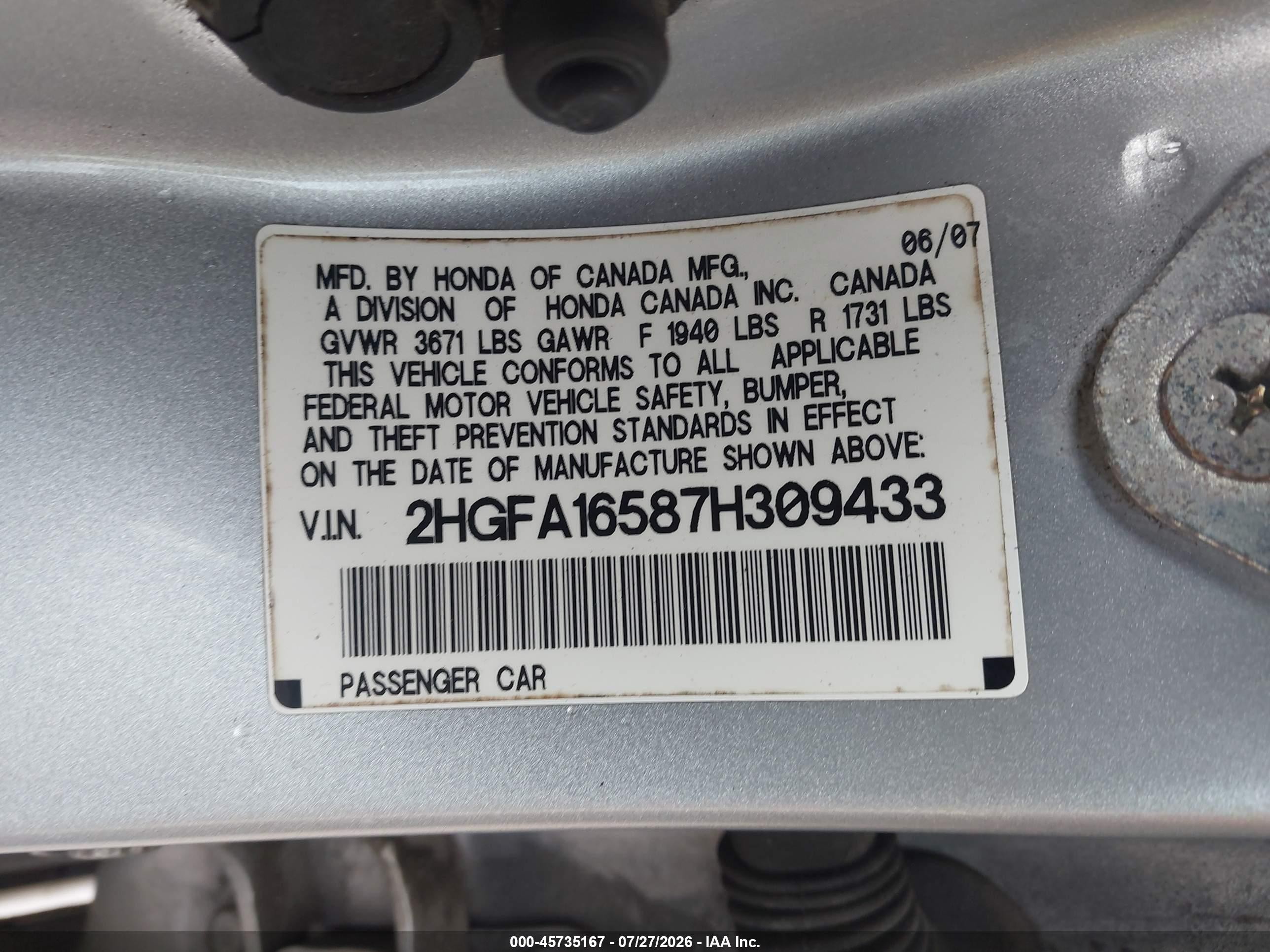 2007 Honda Civic Lx Silver vin: 2HGFA16587H309433